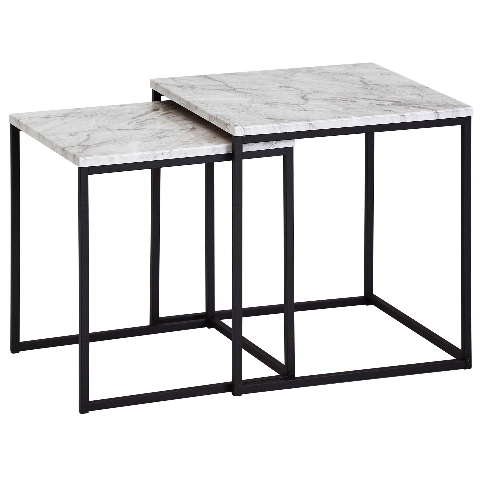 2er Beistelltisch Set Marmor Optik Weiß MDF | Schwarzes Metallgestell | 40x42,5x40 cm & 35x39,5x35 cm