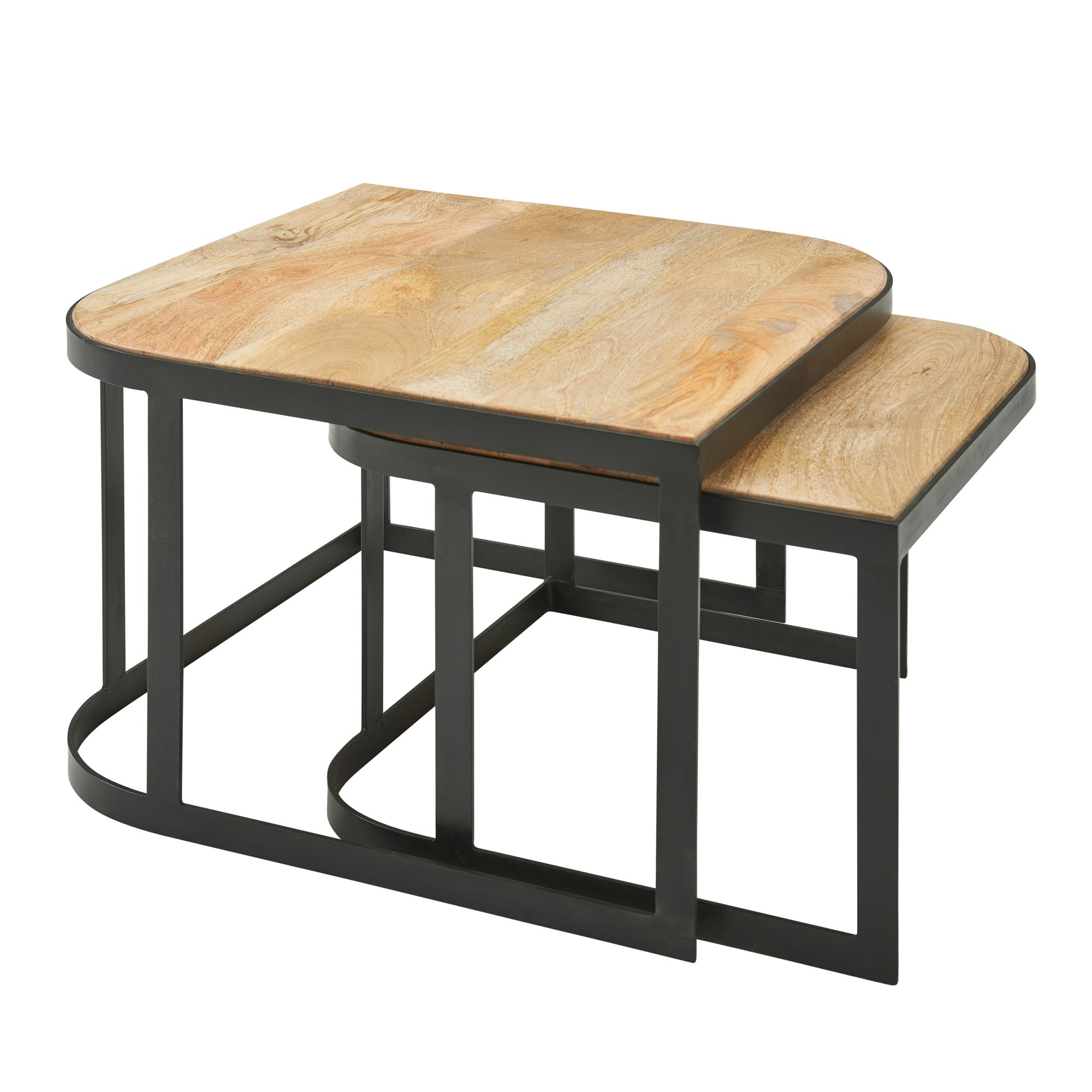 2er Set Rechteckiger Couchtisch Mango Massivholz Hellbraun | Schwarzes Metall | 60x40 cm & 50x35 cm
