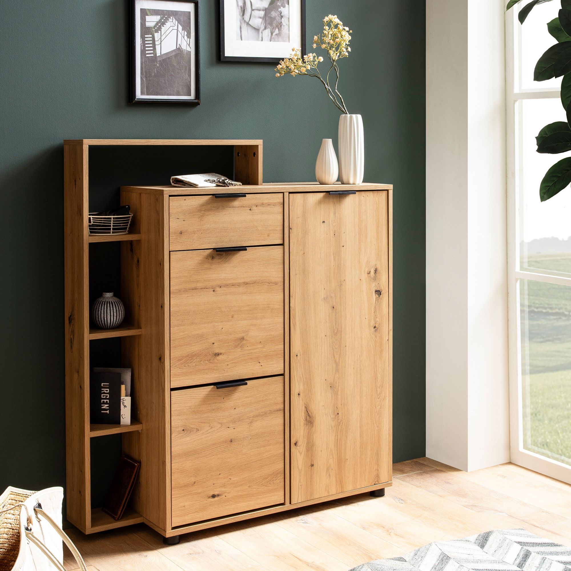 Schuhschrank Eiche-Dekor | Braun und Schwarz | 98x110x30 cm
