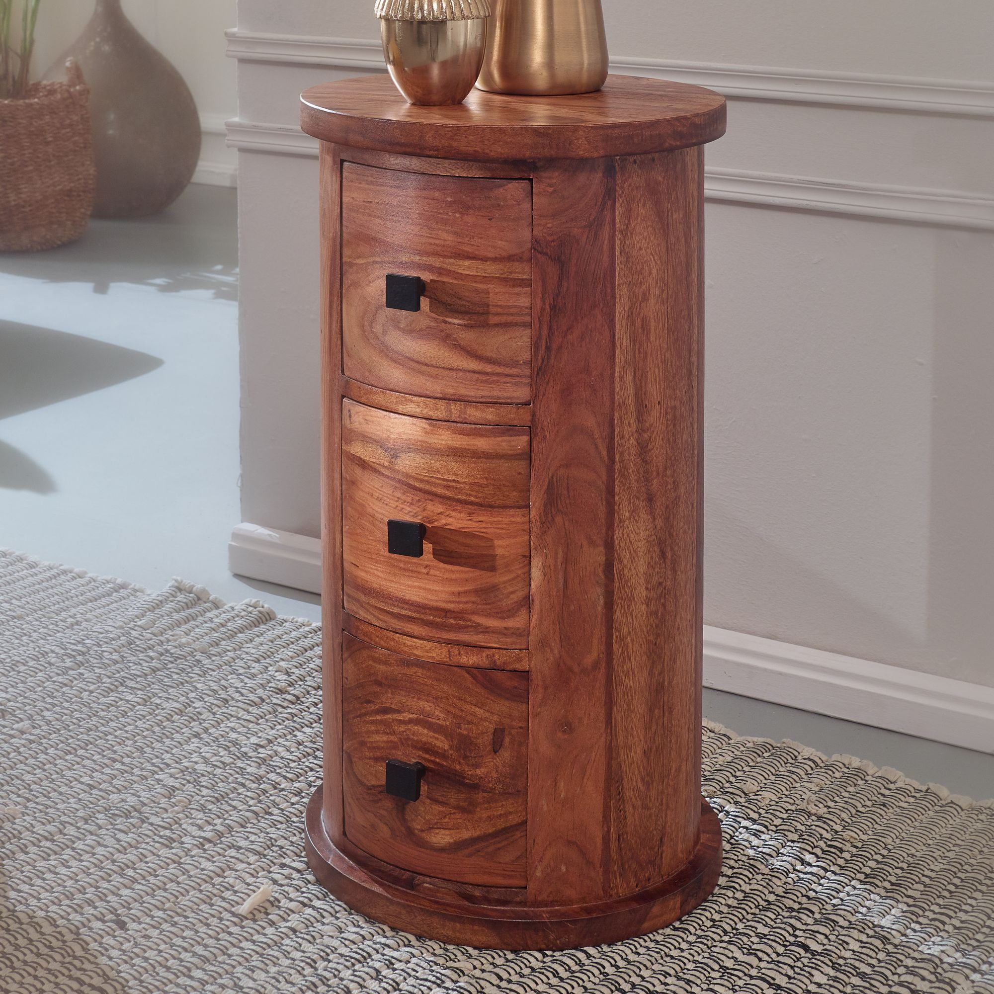 Design Sideboard Sheesham Massivholz Braun | 35x65x35 cm | 3 Schubladen