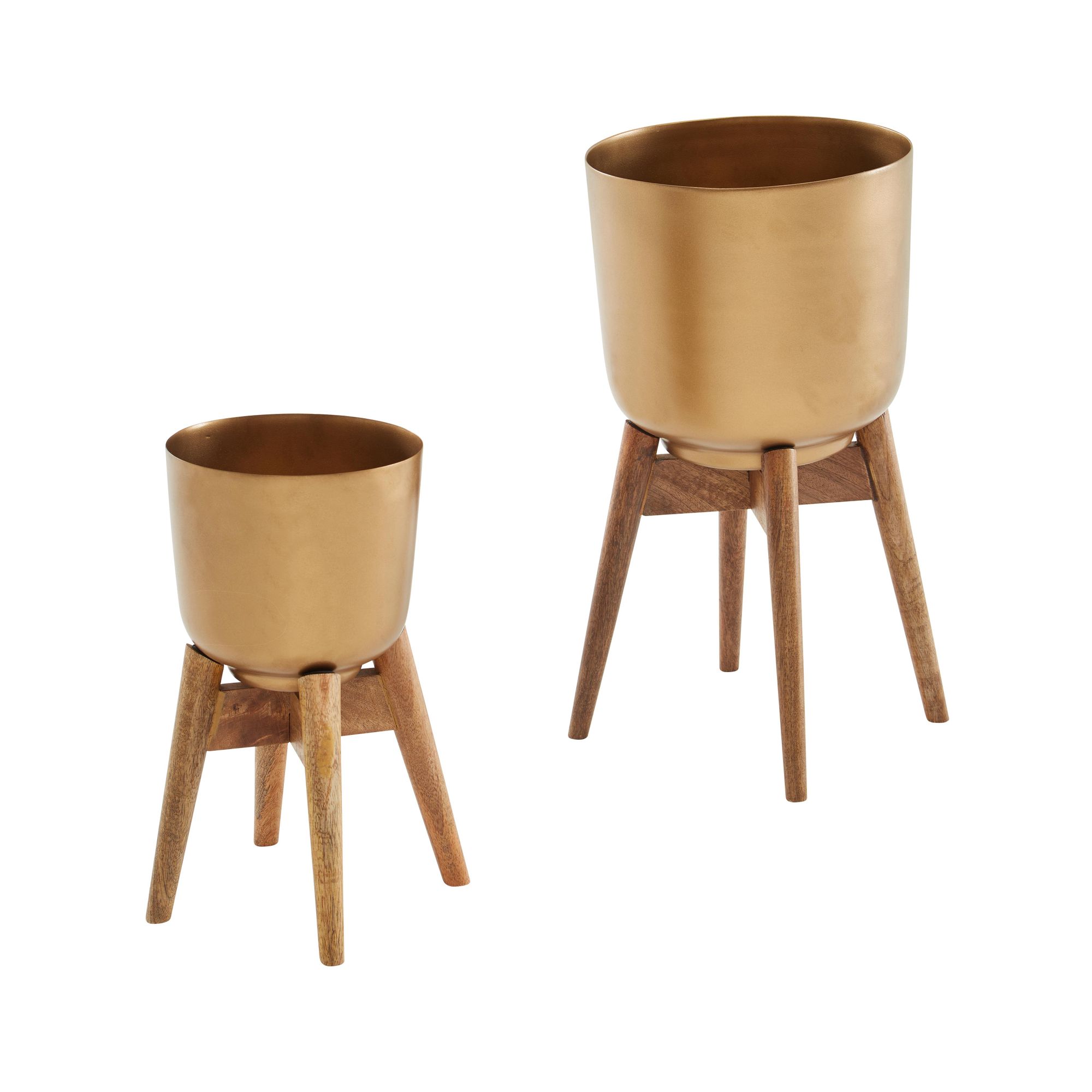 Blumentopf 2er-Set Metall Gold & Massivholz | Rundes Design | Verschiedene Maße