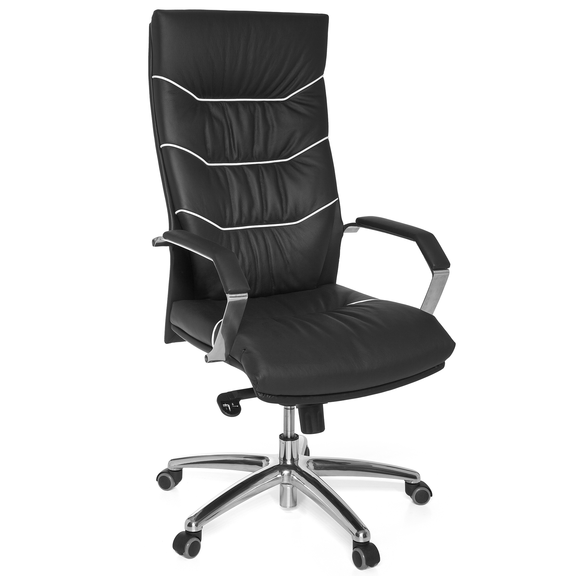 Bürostuhl Echtleder schwarz XXL | Hohe Rückenlehne, Kopfstütze | Maße 60x55x118-126 cm
