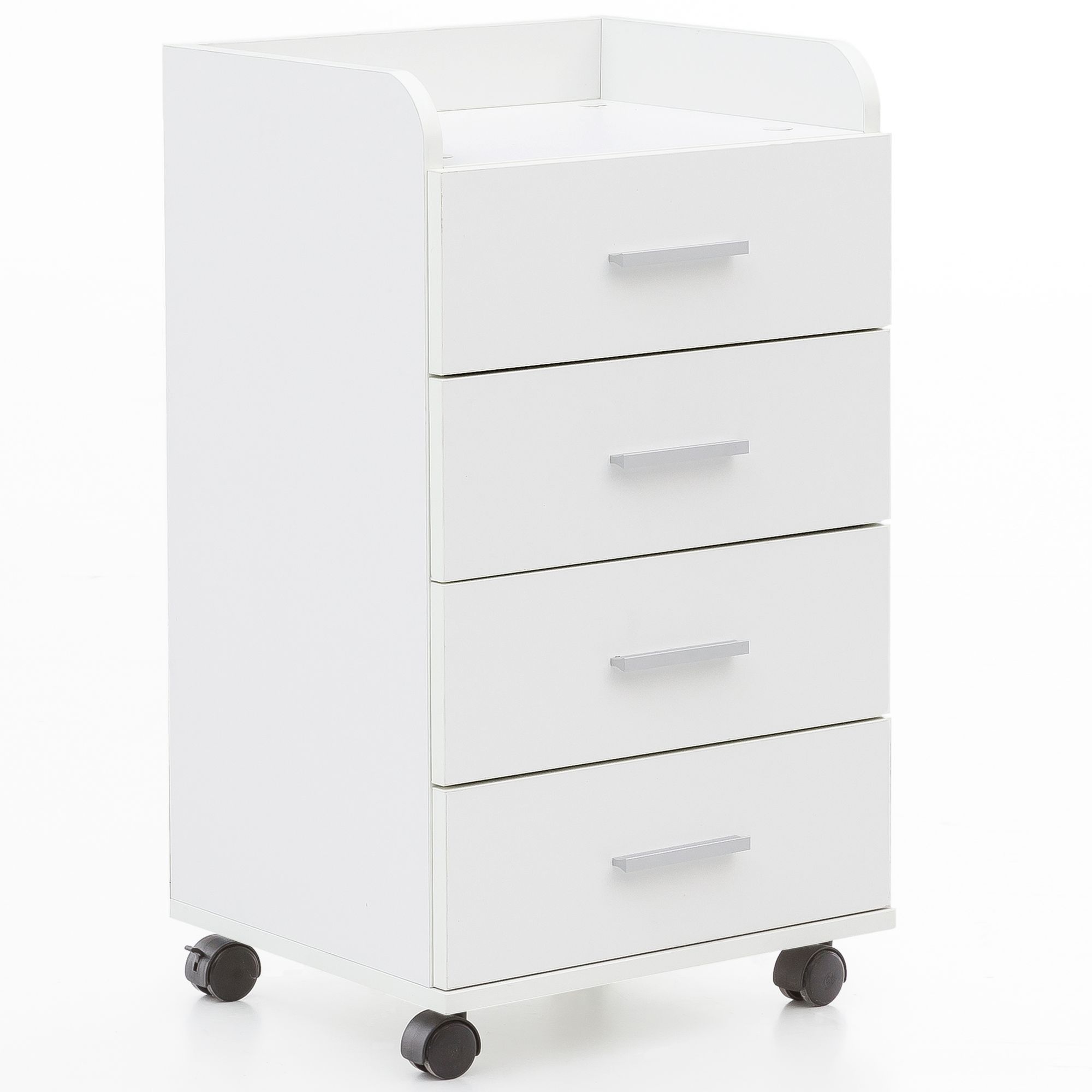 Rollcontainer Weiß Melaminharzbeschichtung | 40x70,5x33 cm | 4 Schubladen mit schwarzen Rollen