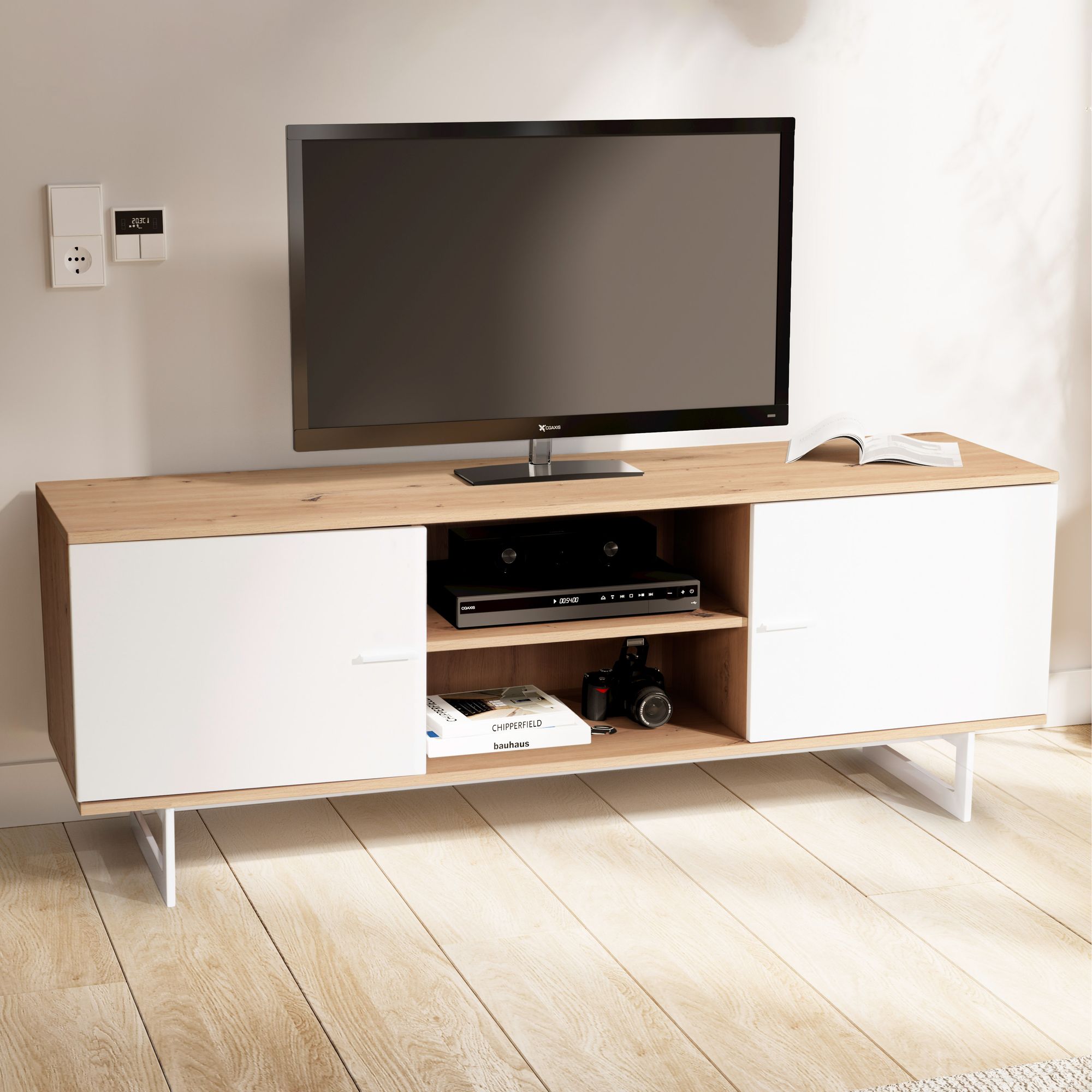 Lowboard Eiche-Dekor Weiß | 150x55x40 cm | Moderner TV-Schrank mit zwei Türen