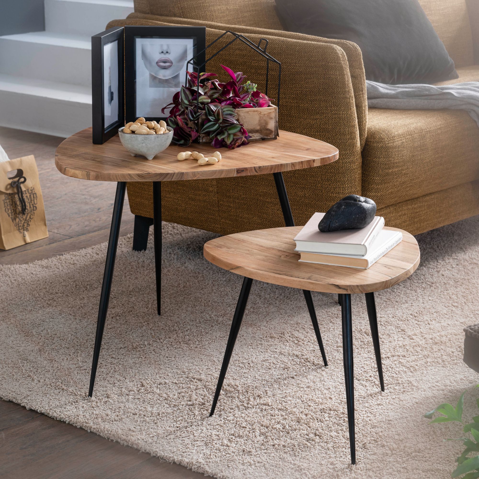 2er Satztisch Set Akazie Massivholz / Metall Braun | Schwarzes Gestell | 60x51x60 cm & 42,5x37x42,5 cm