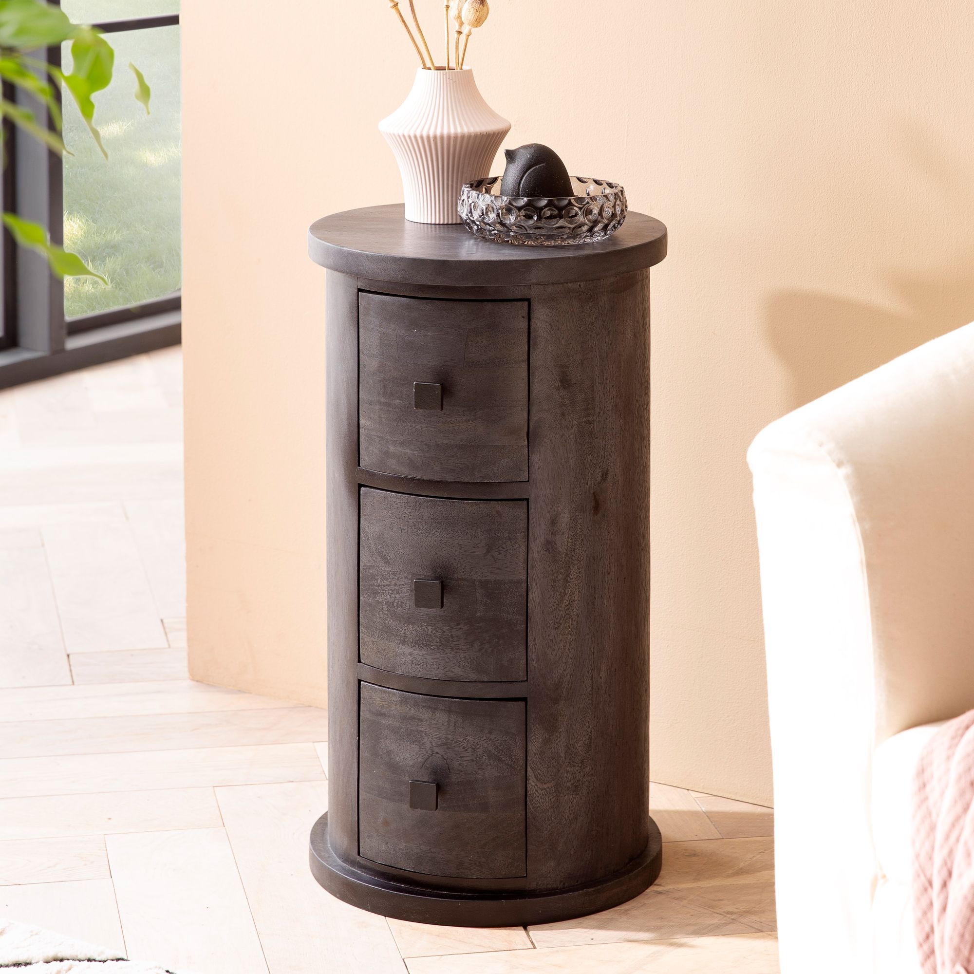 Design Sideboard Mango Massivholz Schwarz | 34x65x34 cm | 3 Schubladen