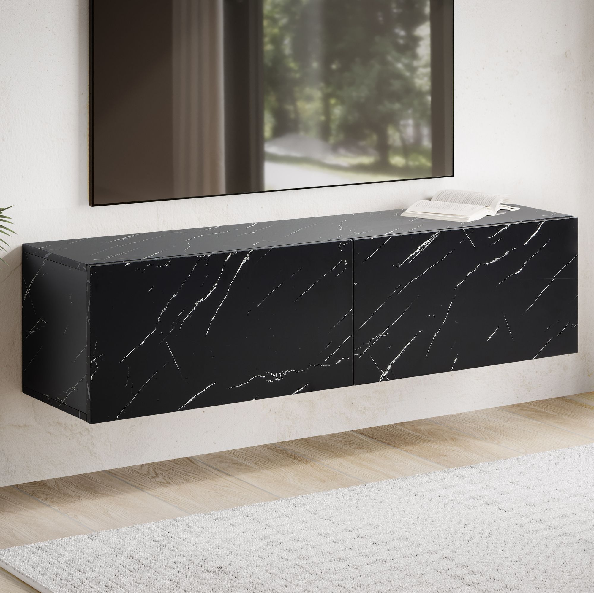 Hängendes Lowboard 120x30x30 cm Schwarz matt Marmoroptik | Moderner TV-Schrank