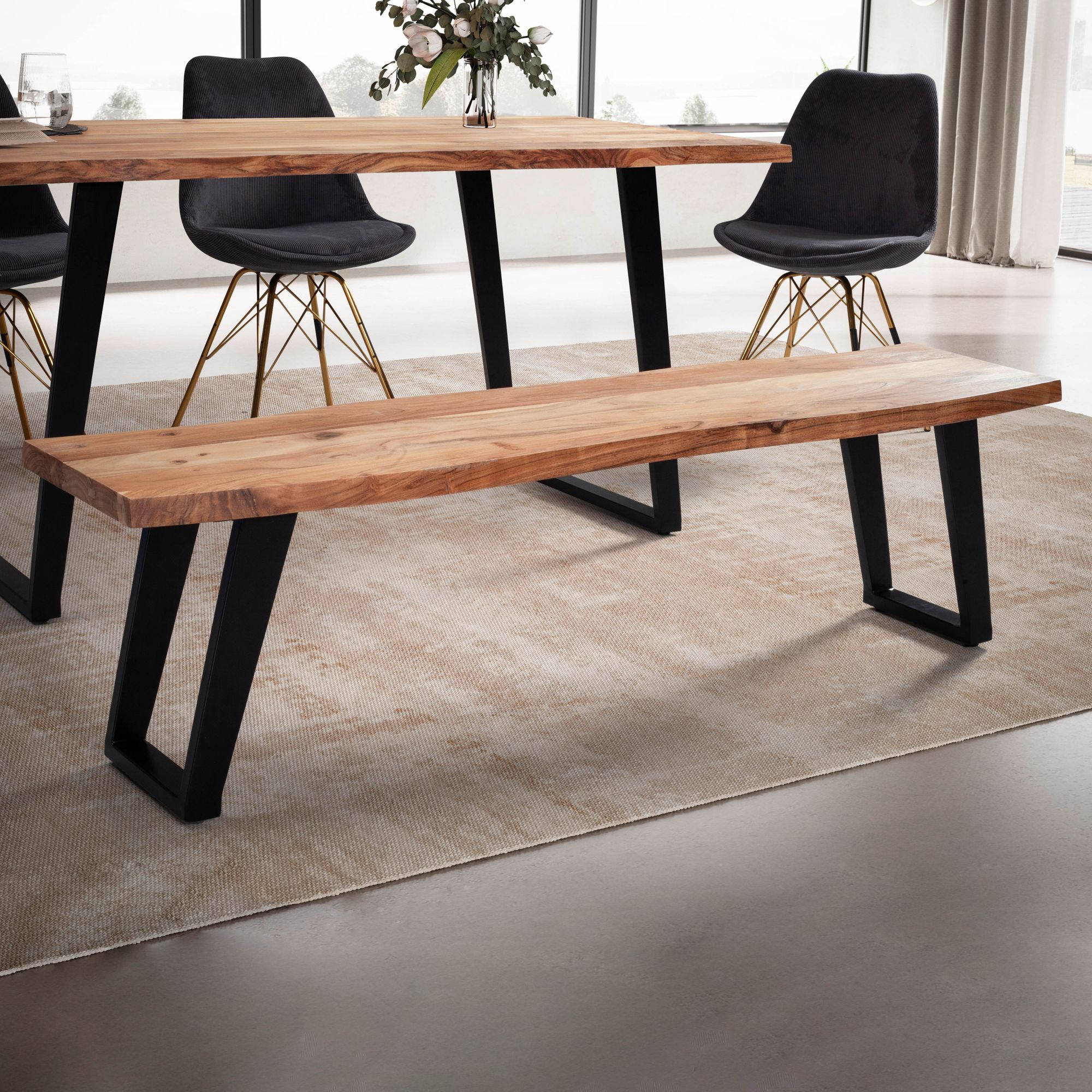 Esszimmerbank Akazie Massivholz | Helles Goldbraun & schwarze Metallbeine | 120x40x45,5 cm