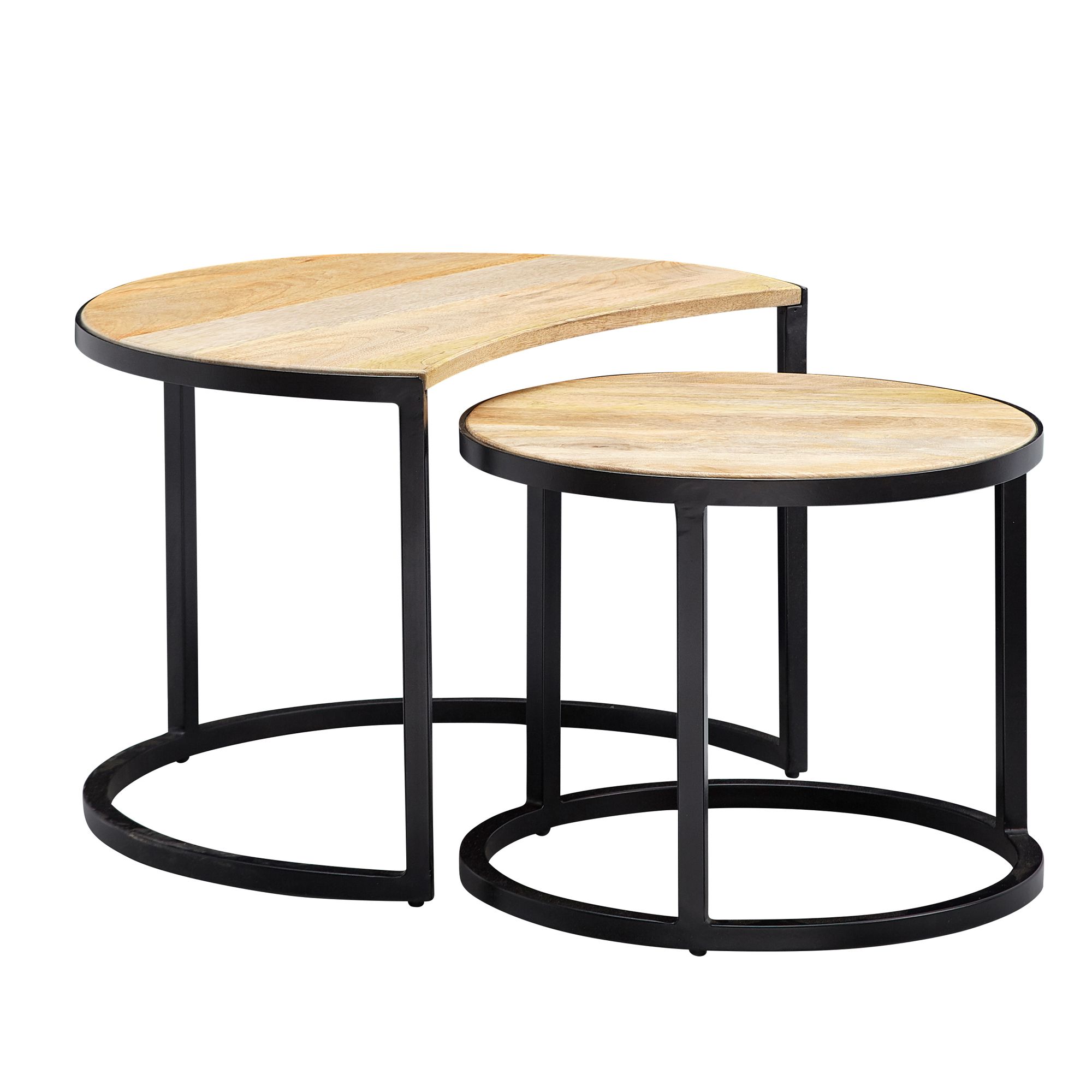 2er Set Runder Couchtisch Mango Massivholz Hellbraun | Schwarzes Metall | 60x41 cm & 44x36 cm