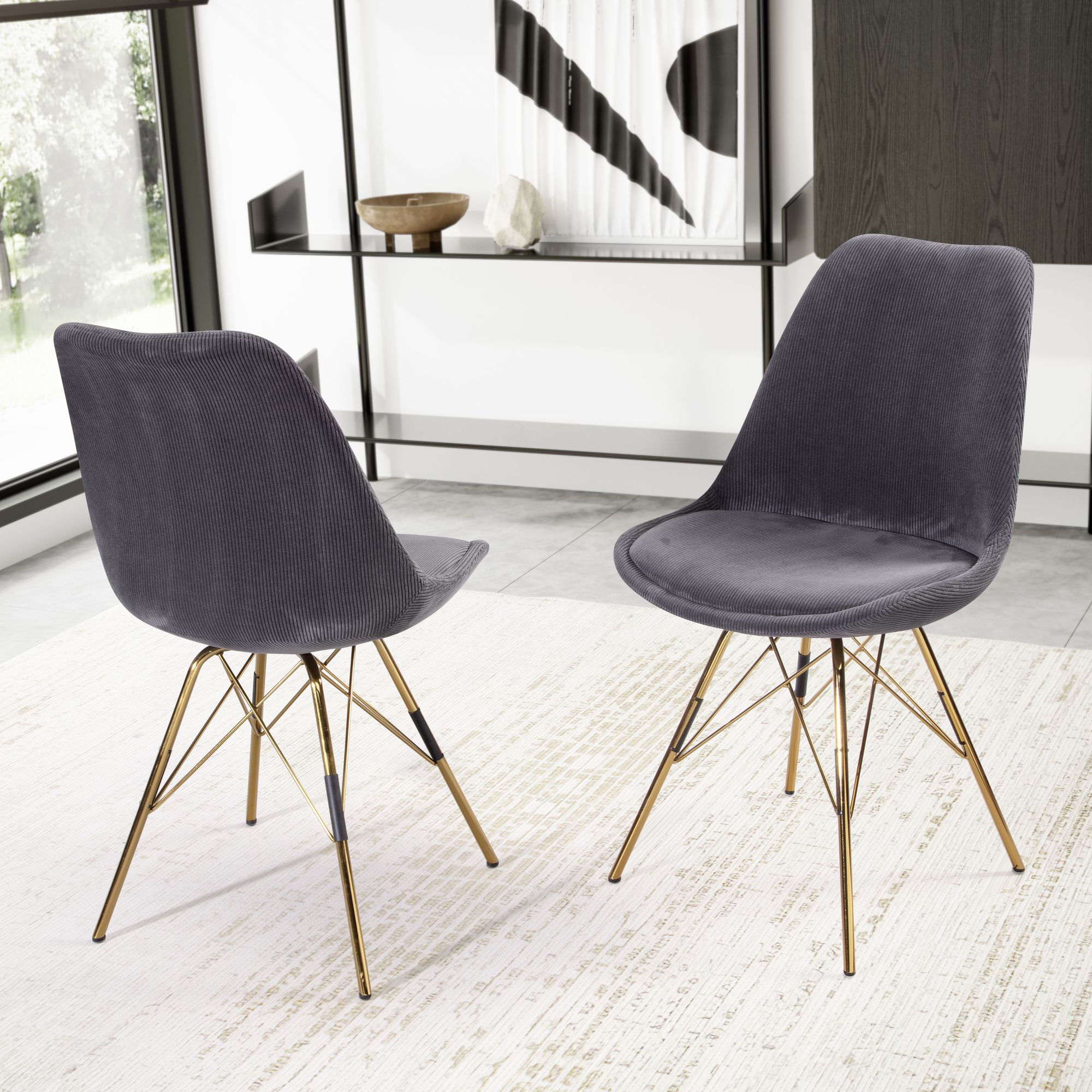 2er-Set Esszimmerstühle Cara Stoff Anthrazit | Goldene Metallbeine | Skandinavisches Design