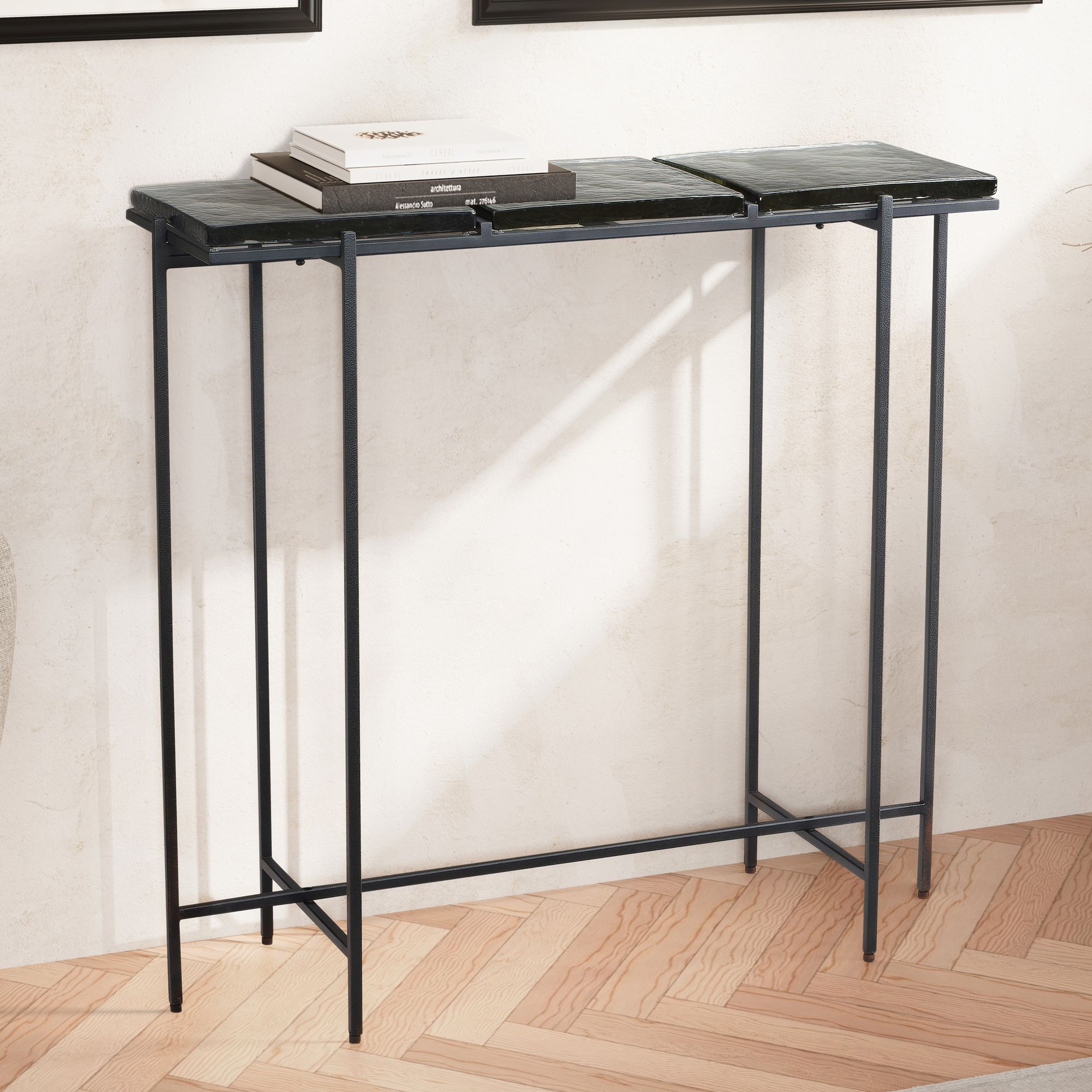 Schwarzer Konsolentisch 90x29x85 cm | Schwarze Glasplatten | Pulverbeschichtetes schwarzes Metall