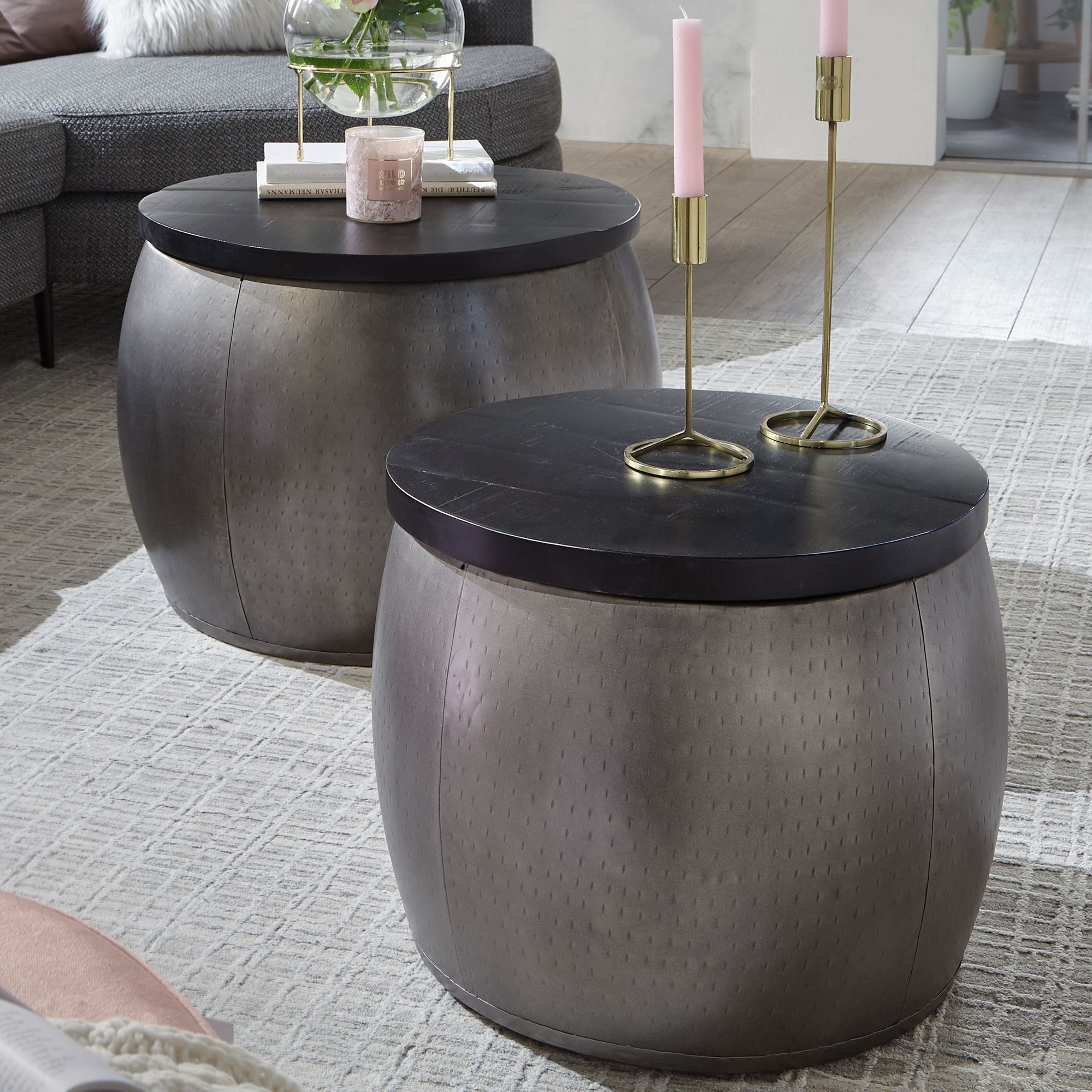 2er Set Couchtische Mango Massivholz Schwarz 55/45x45/40x55/45 cm | Silber Metall Industrial | Rund mit Stauraum