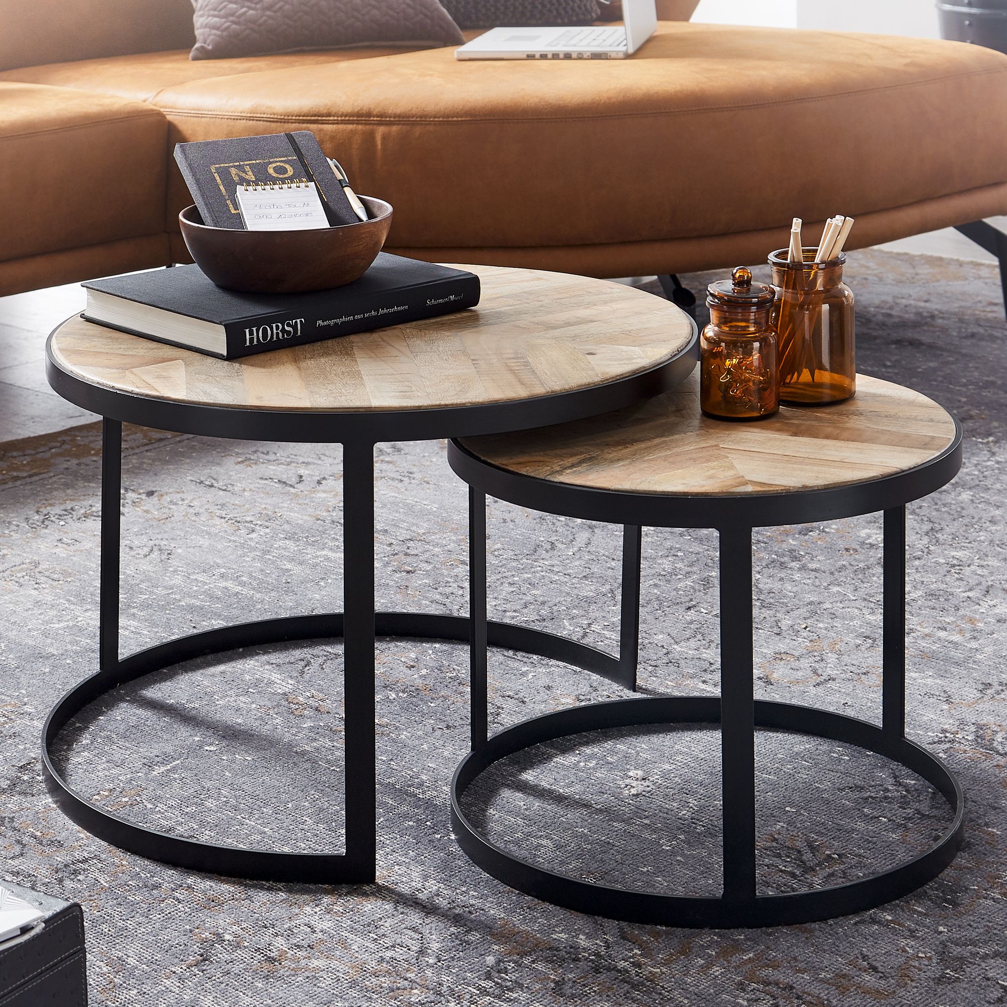 2er Set Couchtisch | Massivholz Akazie & Mango Braun | Metallbeine Schwarz | 60x60x41 cm & 44x44x35 cm