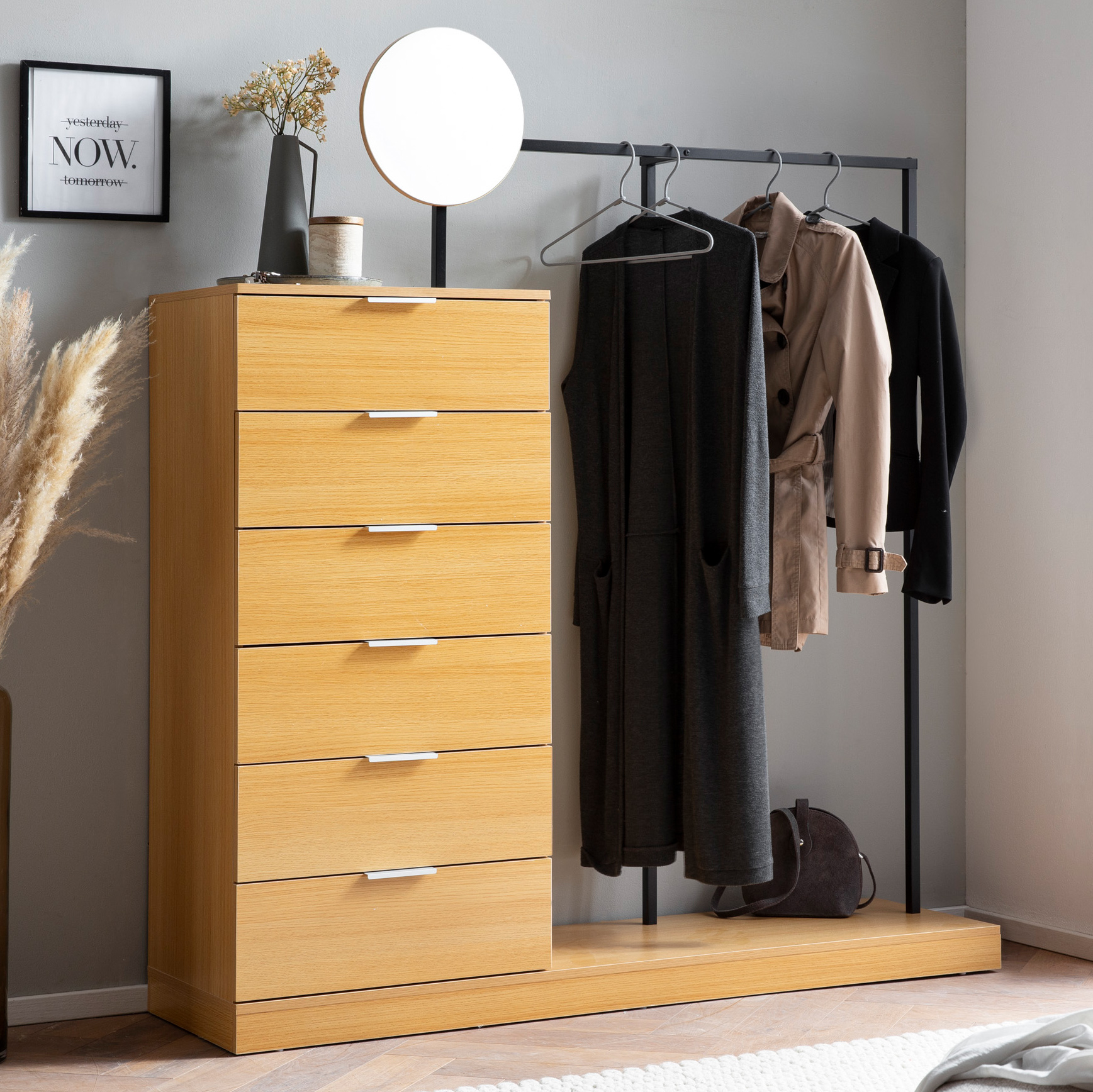 Garderobe Eiche-Dekor mit Spiegel | Eichefarben, Schwarz, Silber | 145x165x40 cm