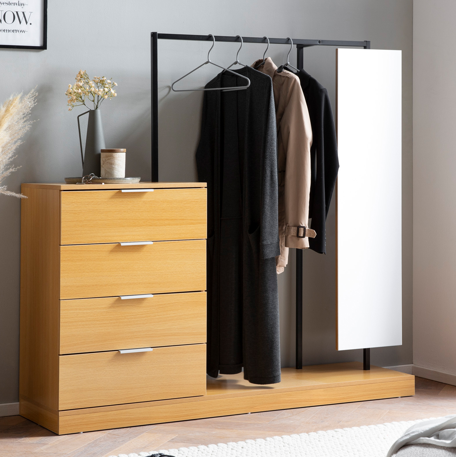 Garderobe Eiche-Dekor | Eichefarben, Silber und Schwarz | Maße 145x138x40,5 cm