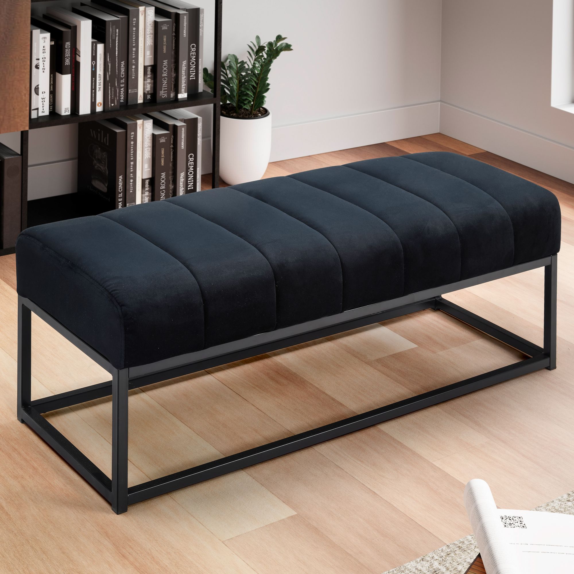 Sitzbank Samt Schwarz | 108x40x40 cm | Metallgestell