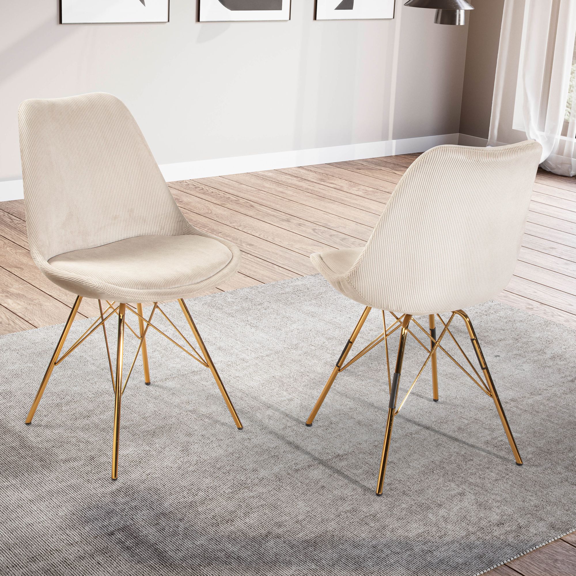 2er-Set Esszimmerstühle Cara Stoff Beige | Goldene Metallbeine | Modernes skandinavisches Design