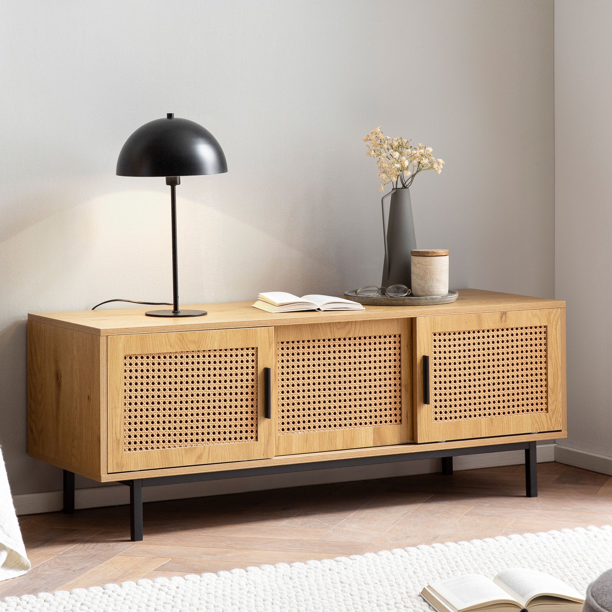 Lowboard Eiche-Dekor mit Wiener Geflecht | 120x45,5x40 cm