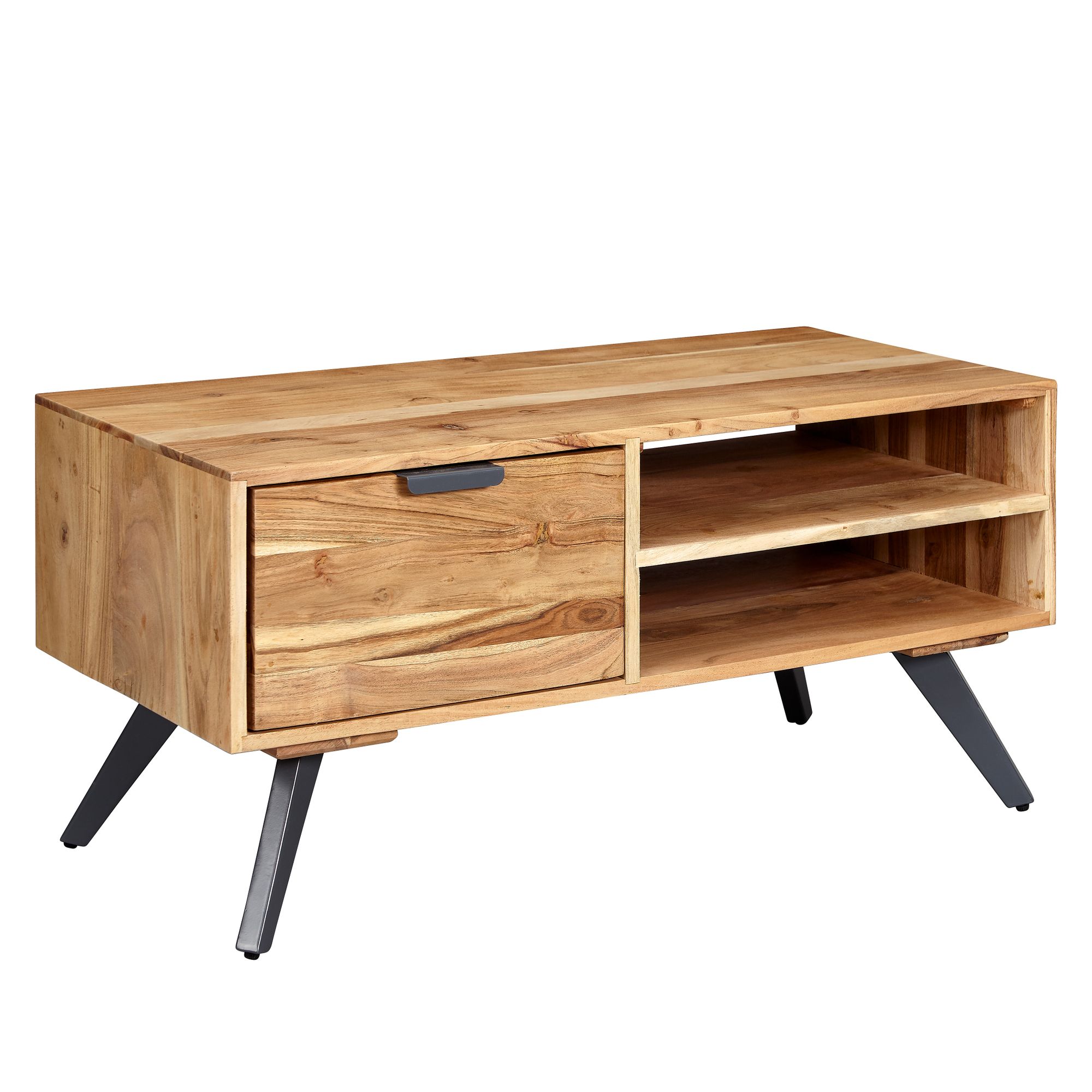 Couchtisch aus massivem Akazienholz Braun mit grauer Schublade | 95x45x45 cm