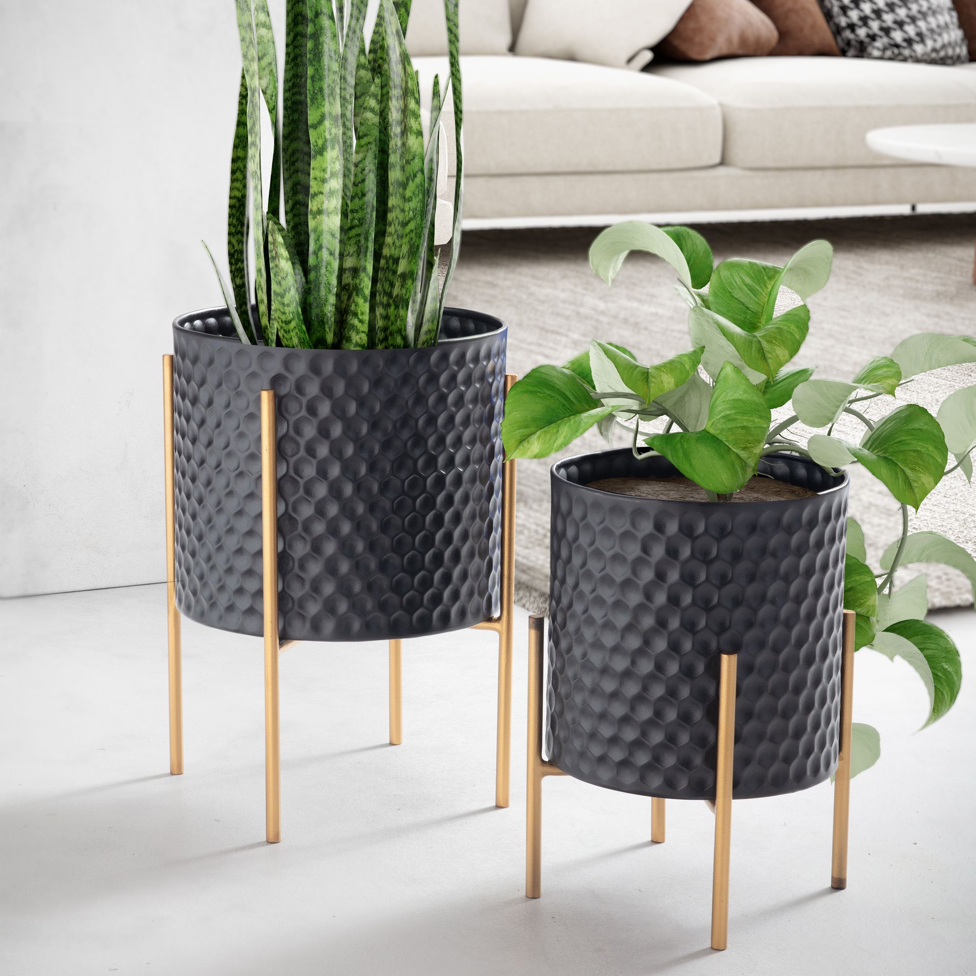 2er Set Blumentöpfe Metall Schwarz/Gold mit Füßen | 3D Wabendesign | Rund