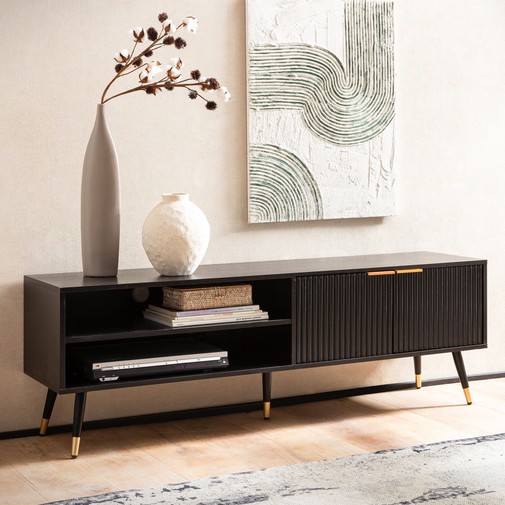 Lowboard Schwarz Eiche-Dekor | Schwarz, Kupfer und Gold | 150x51x39 cm