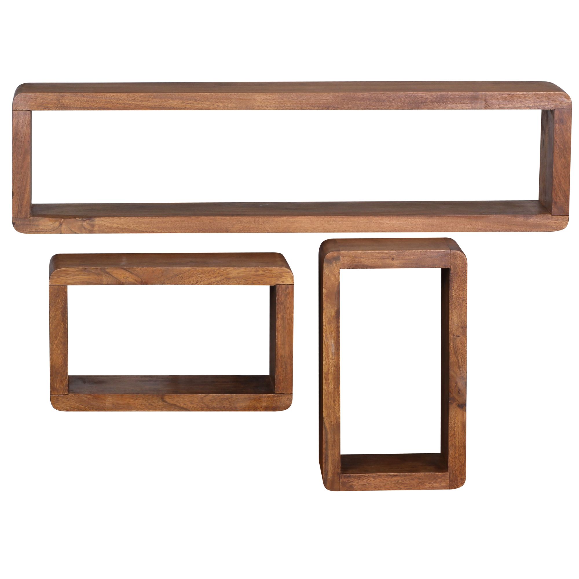 Design Wandregal 3er Set BOHA Massivholz Sheesham | Natur | 80x20x15 cm, 34x20x15 cm