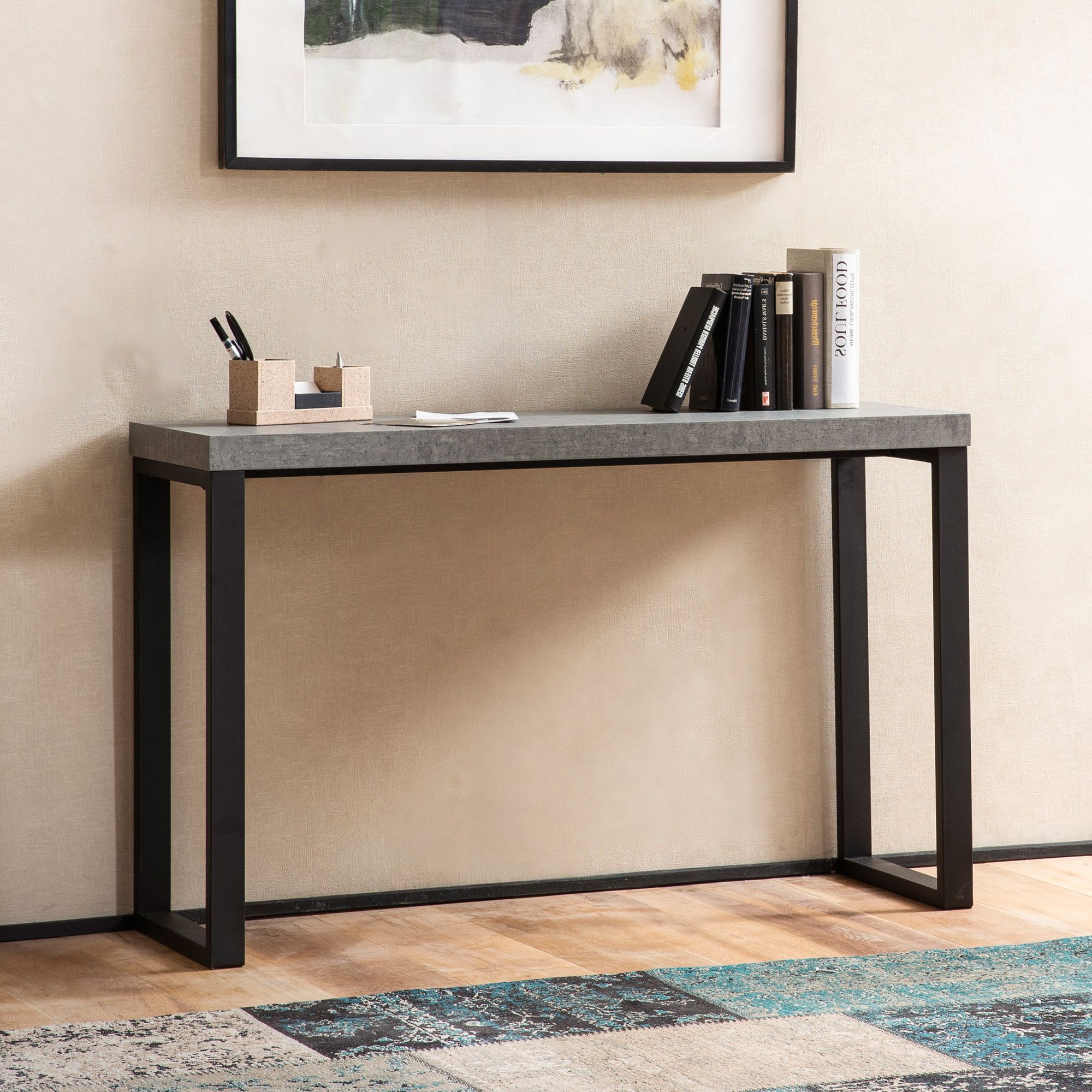 Konsolentisch Grau Betonoptik mit schwarzen Beinen | Foliertes MDF + Metall, 120x40x76 cm