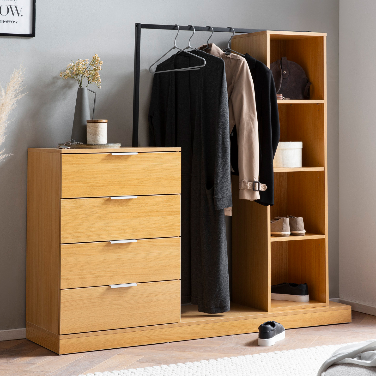 Garderobe Eiche-Dekor | Eichefarben, Schwarz, Silber | 145x136x40 cm
