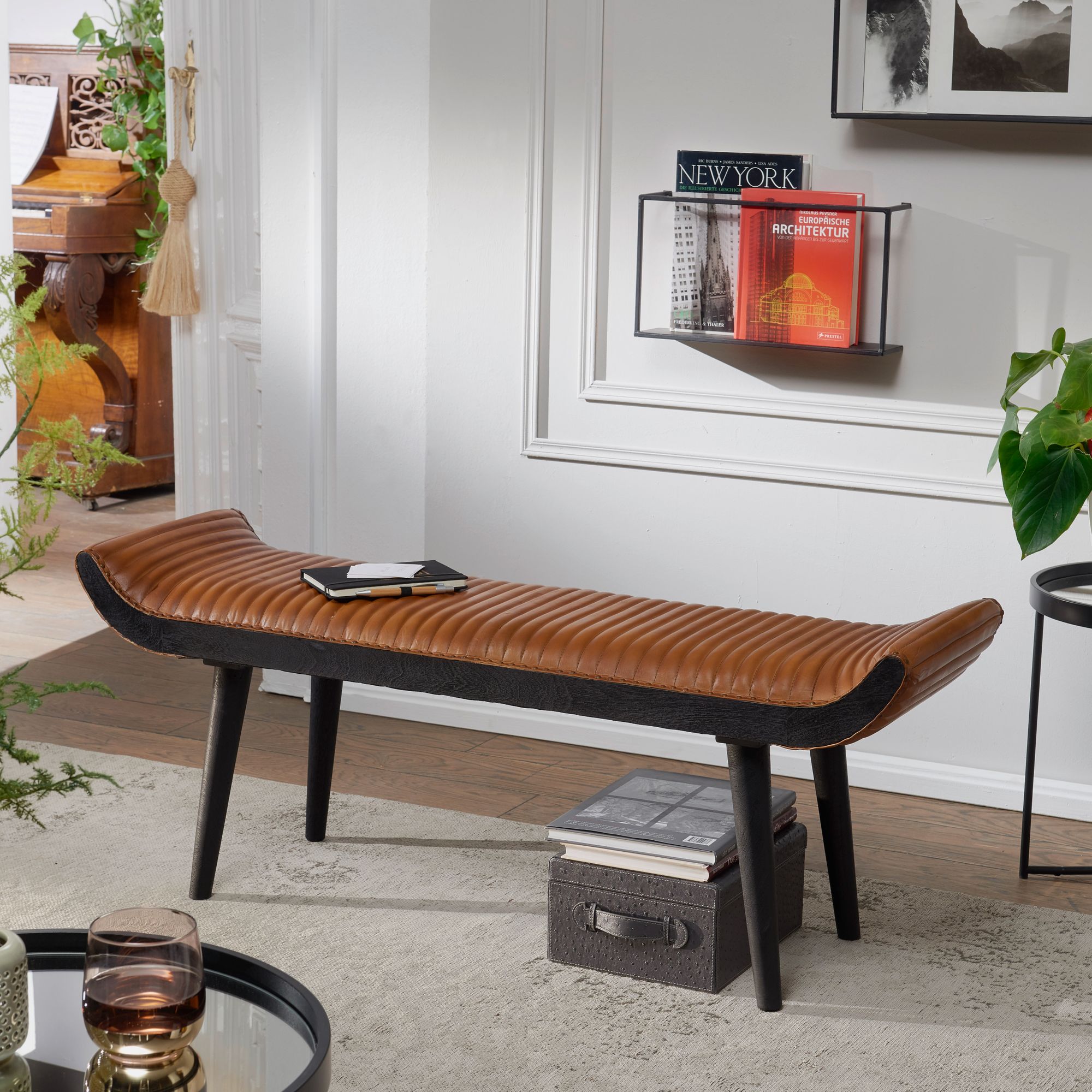 Echtleder Sitzbank Braun | Massivholz | 125x51x38 cm | Modernes Design