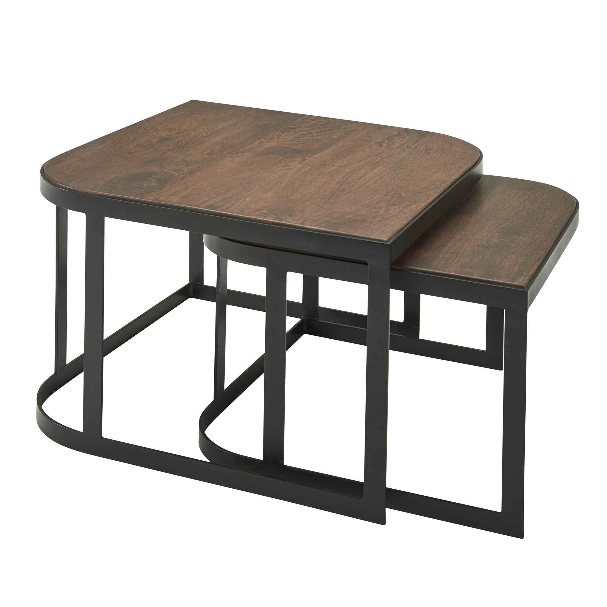 2-teiliges Couchtisch-Set Mango Massivholz / Metall Schwarz | Dunkelbraun Tischplatten | Maße 60x40x60 cm & 50x35x50 cm