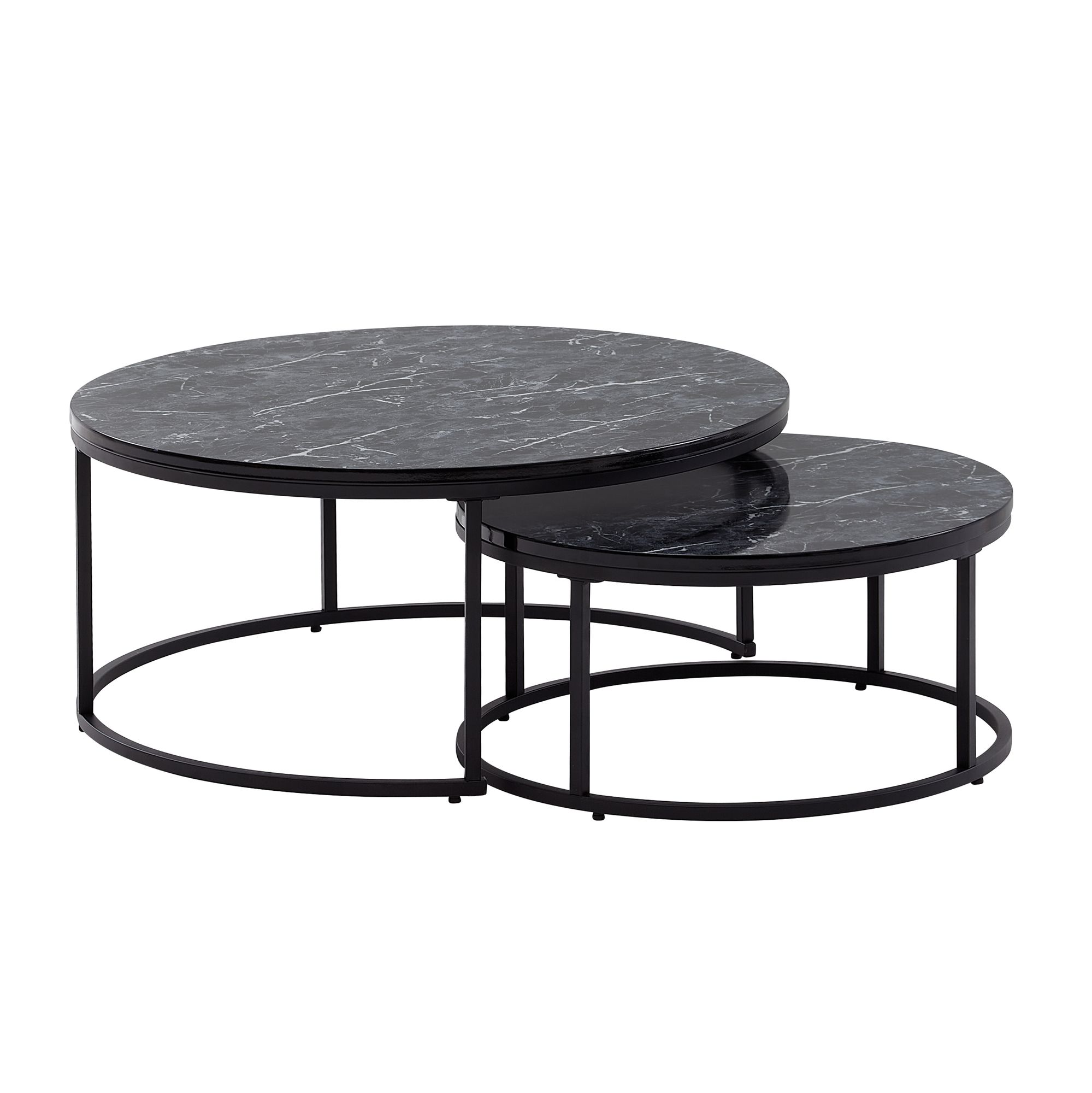 2er Set Couchtische rund Schwarz Marmoroptik | 80x36 cm + 60x26 cm | Metallgestell