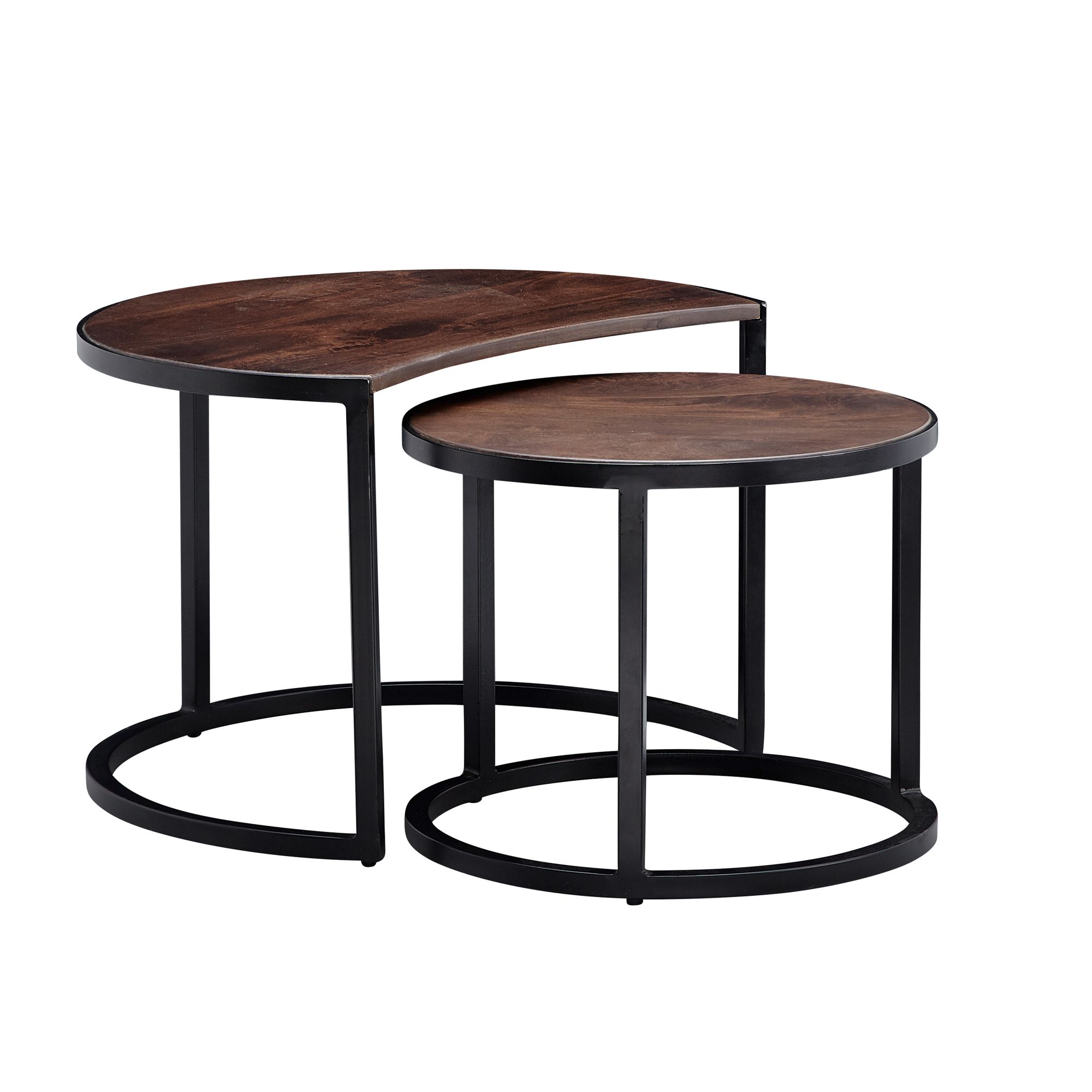 2er Set Runder Couchtisch Mango Massivholz Dunkelbraun | Schwarzes Metall | 60x41 cm & 44x36 cm