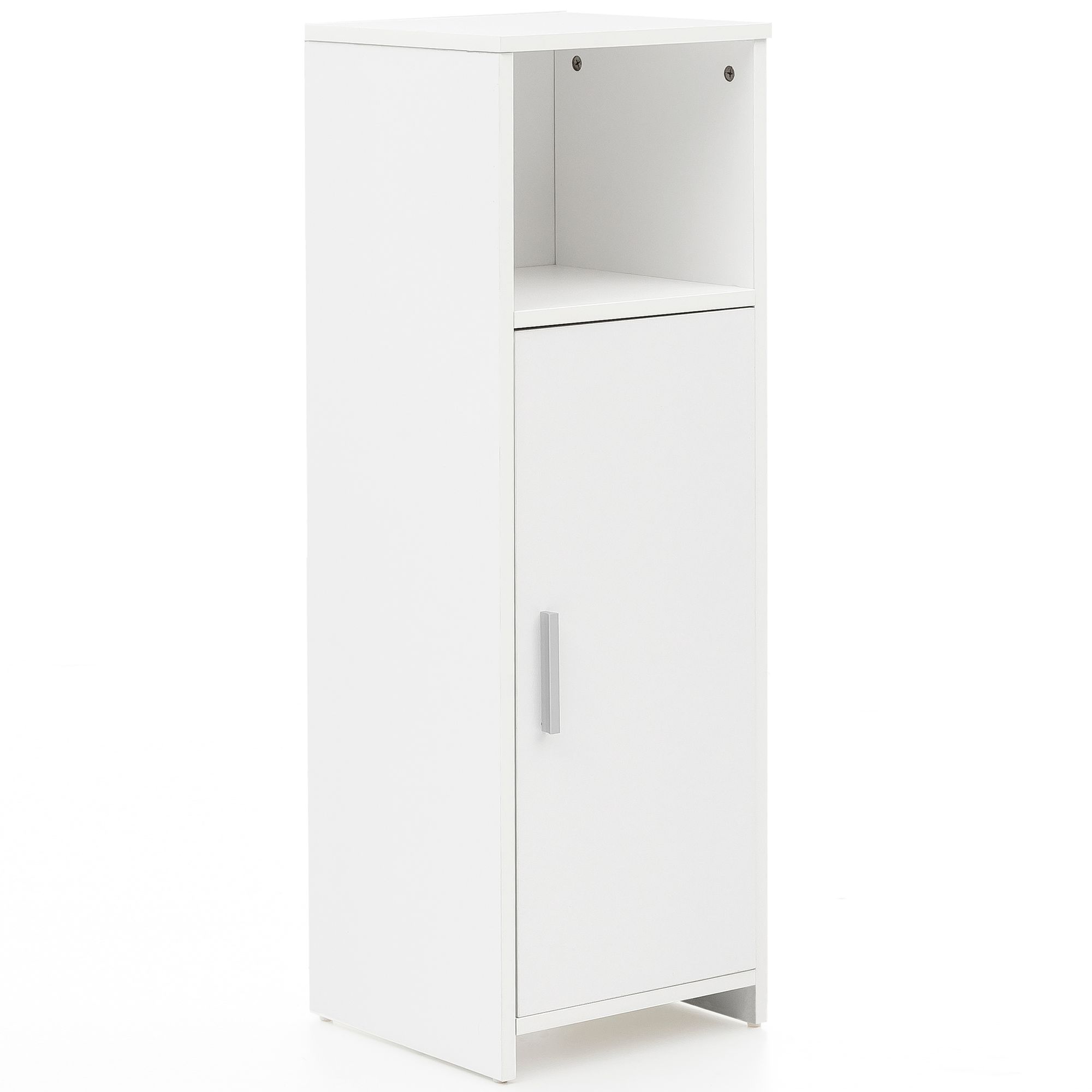 Badezimmerschrank Holz Weiß 30x95,5x30 cm | Aluminiumgriff | Schmaler Badschrank mit Tür und Fach