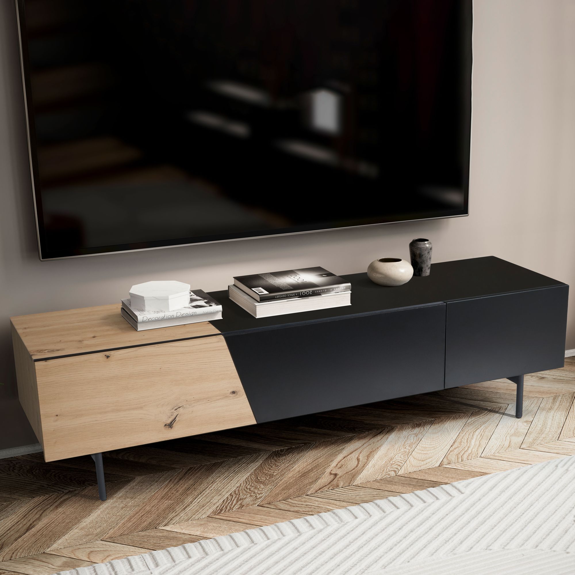 Lowboard Schwarz & Eiche-Dekor | Eichefarben und Schwarz | 150x40x40 cm