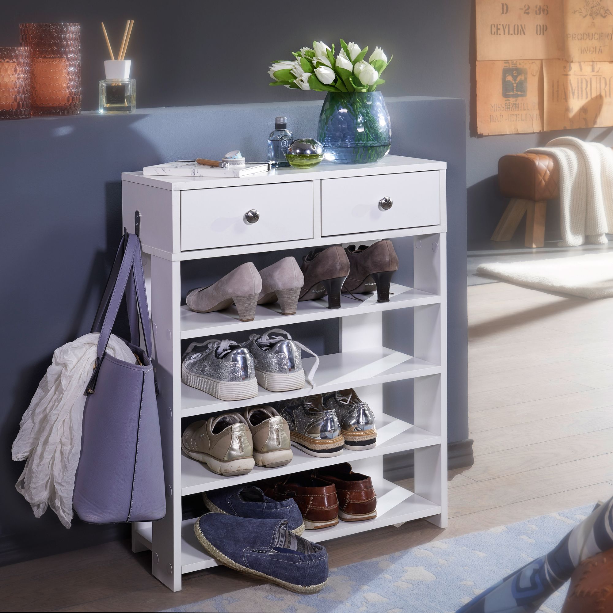 Design Schuhregal Weiß | 60x79x24 cm | 2 Schubladen, 4 Fächer, Flurmöbel