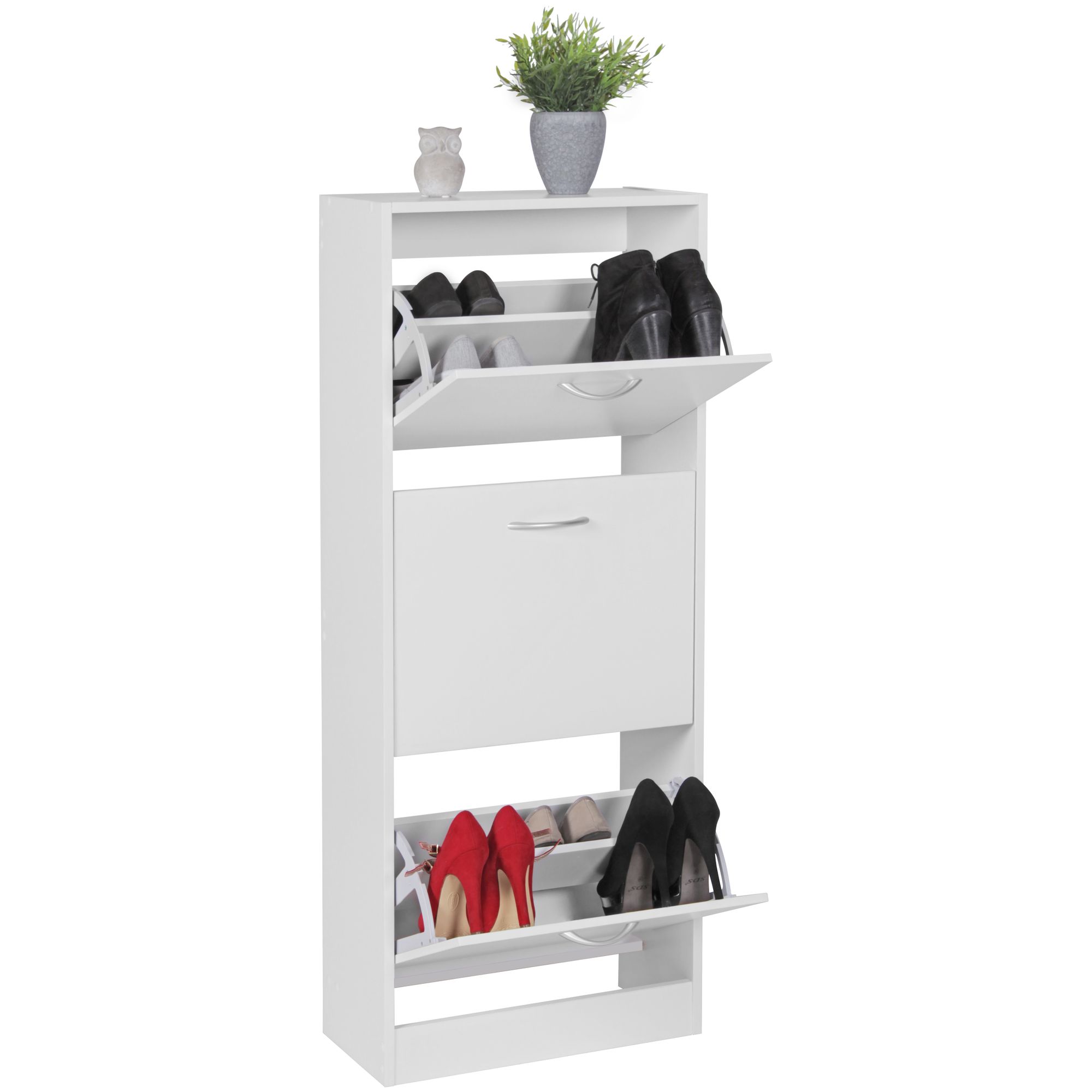 Schuhschrank Spanplatte Weiß | 125 cm Höhe x 50 cm Breite x 24 cm Tiefe | 3 Fächer