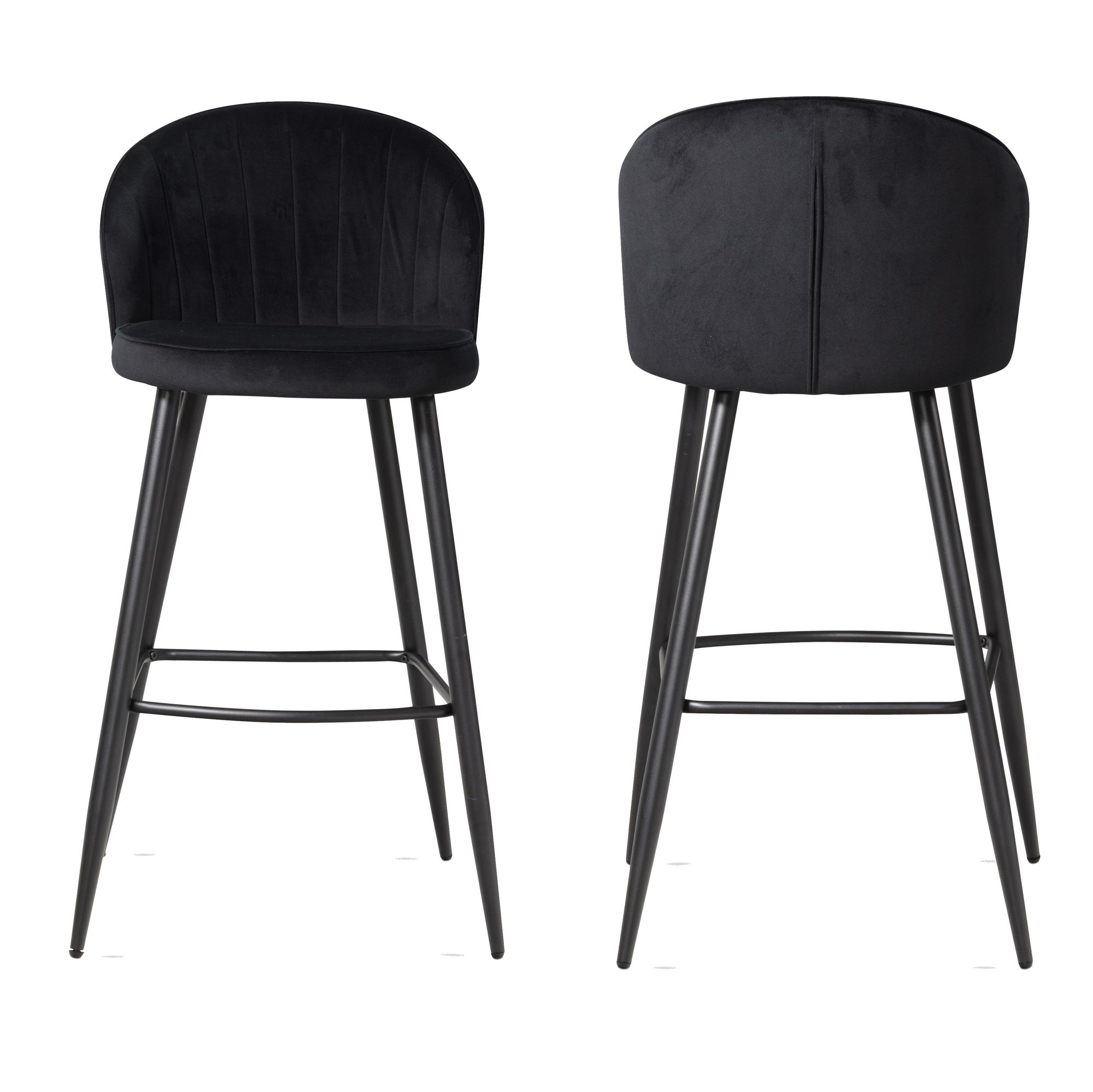 2er Set Barhocker Samt Schwarz mit Lehne | Schwarze Beine | 56x102,5x52,5 cm