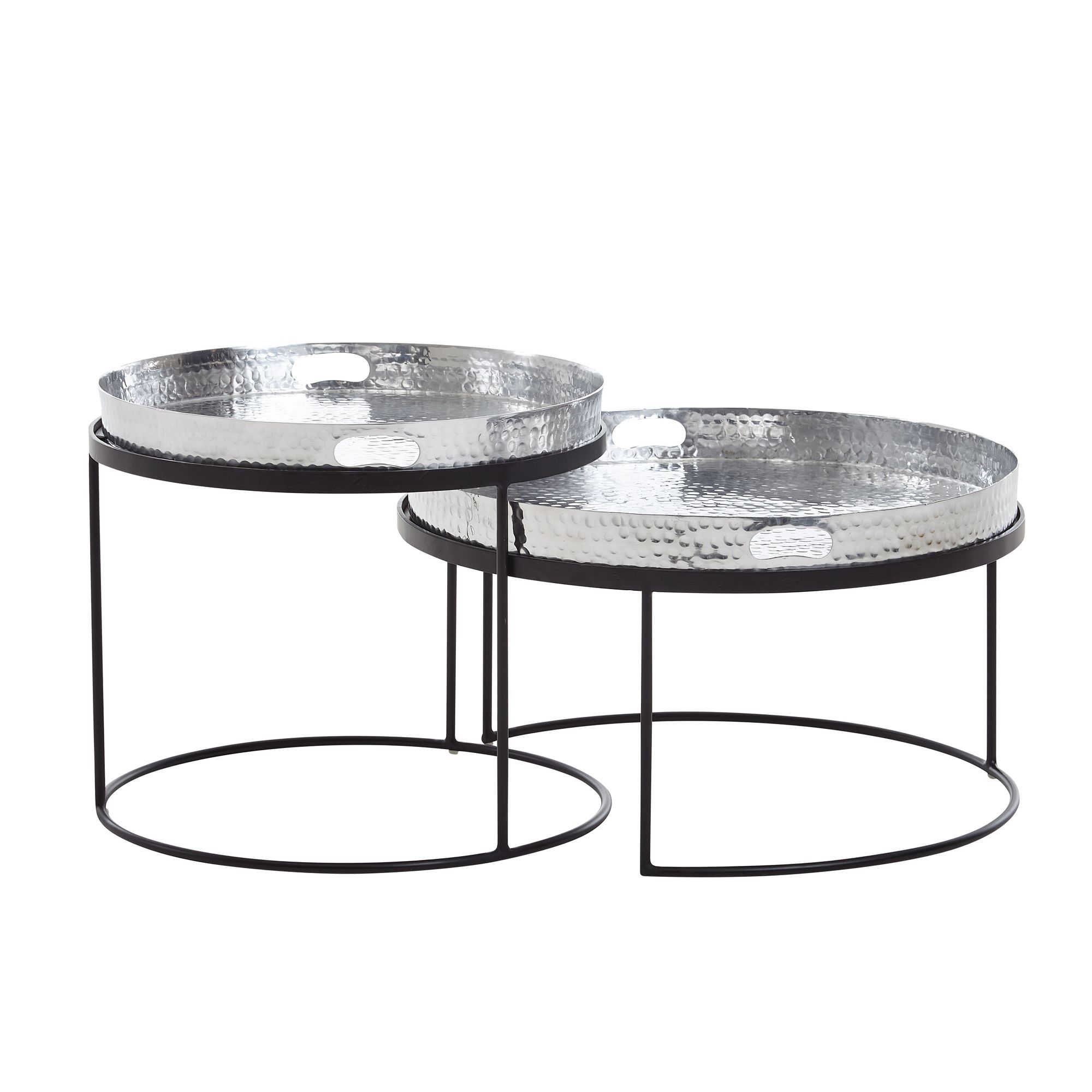 2er Set Couchtisch Silber / Schwarz Metall | Runder Tisch mit abnehmbarem Tablett | Maße 56x56x33 cm & 46x46x41 cm