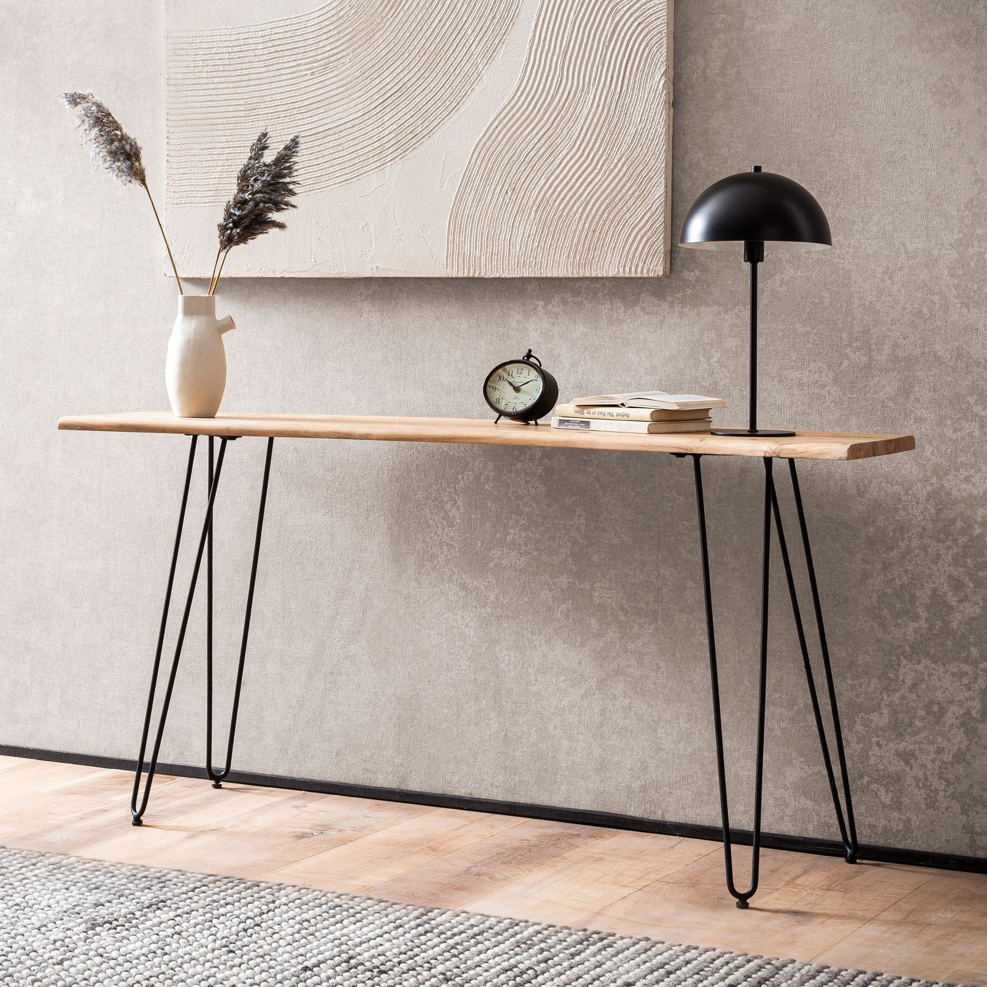 Konsolentisch Akazie Massivholz 150x36x75 cm | Baumkante Natur | Schwarze Haarnadelbeine