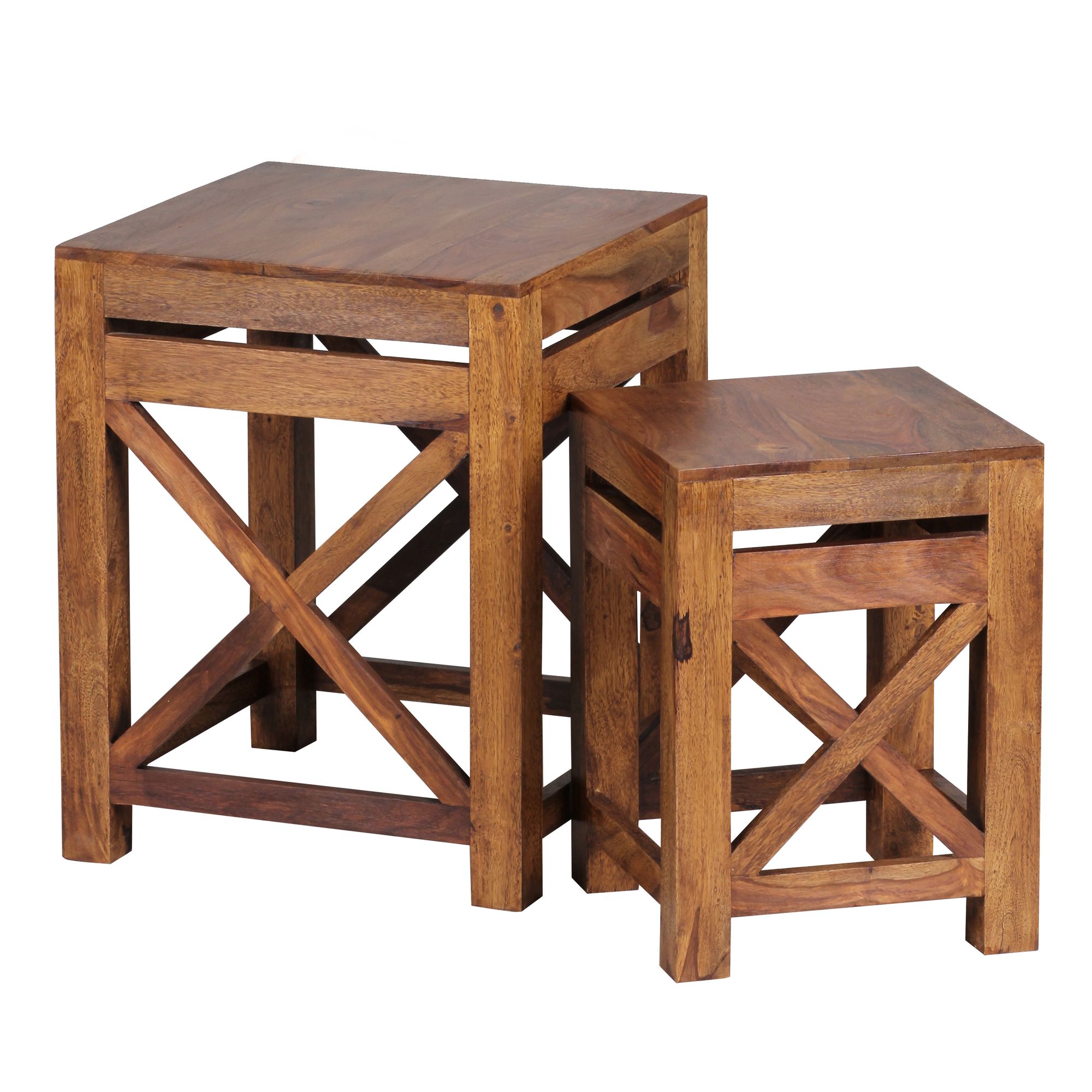 2er Set Beistelltisch PALI Massivholz Sheesham dunkelbraun 40x50 cm und 29x40 cm Cube | Beistelltische mit Stauraum | Landhausstil