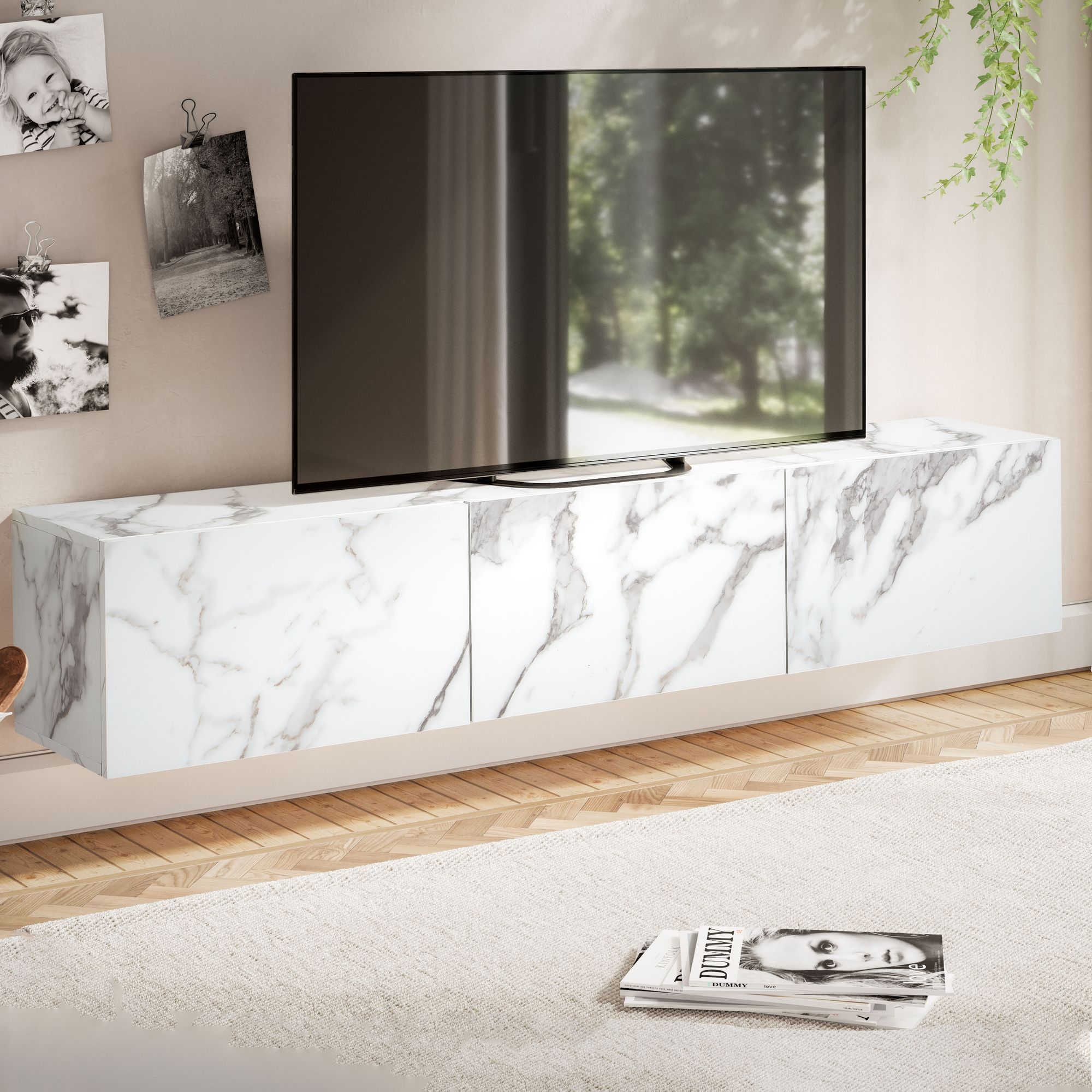 Hängendes Lowboard Marmor-Optik Weiß | 160x30x30 cm | MDF mit Melaminbeschichtung