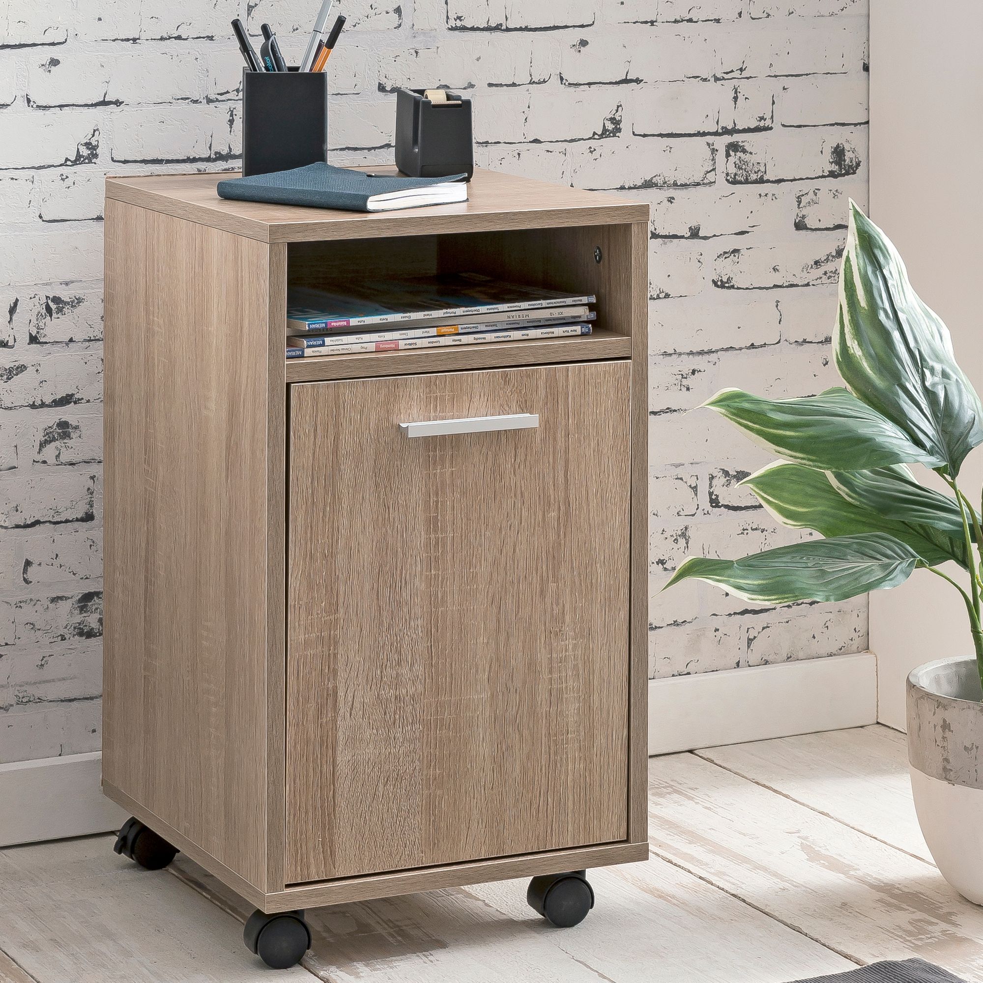 Rollcontainer Sonoma Spanplatte | 33x60x38 cm | Mobiler Schubladenschrank Sonoma Optik mit Rollen