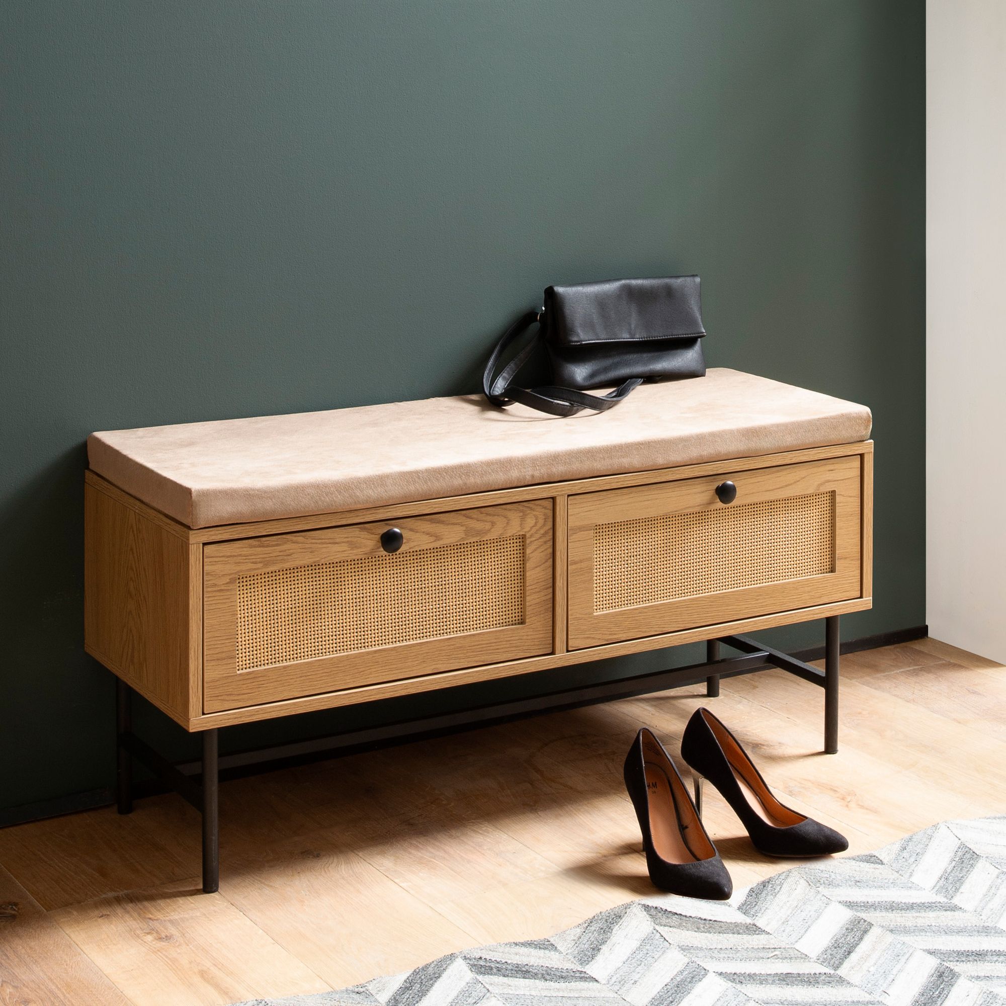 Schuhbank mit beiger Stoff-Sitzfläche | Eiche-Dekor | 100x48x38 cm