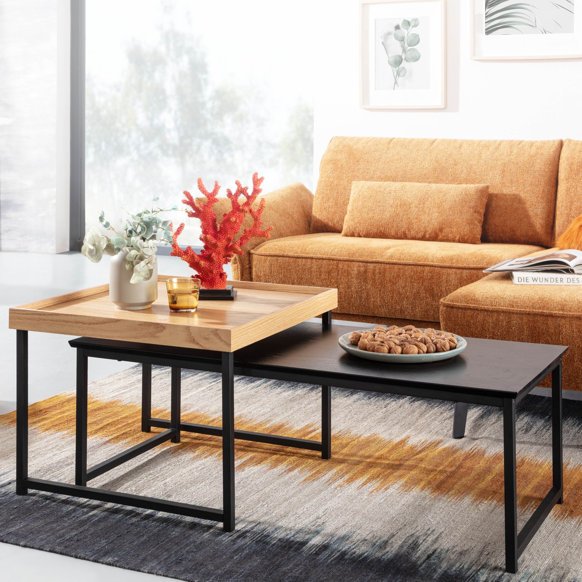2er Couchtisch Set MDF Holz Eiche Furnier Natur & Schwarz | Metall Matt Schwarz | Maße 110x48x37 cm & 60x60x45 cm