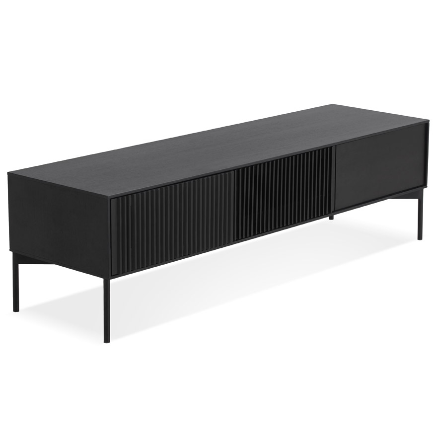 Design-TV-Element aus matt schwarzem Eichenfurnier-MDF-Holz mit schwarzem Metallgestell | 160x45x45,5 cm | Farbe Schwarz