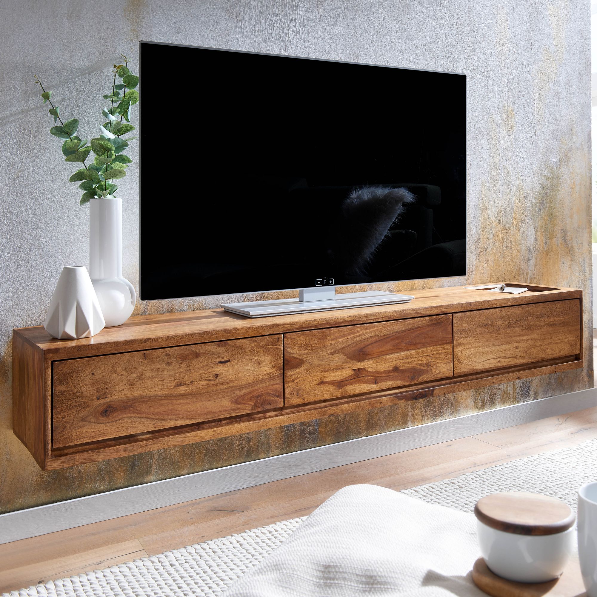 Hängendes Lowboard Sheesham Massivholz Braun 160x25x35 cm | Moderner TV-Schrank mit 3 Schubladen | Wandmontage