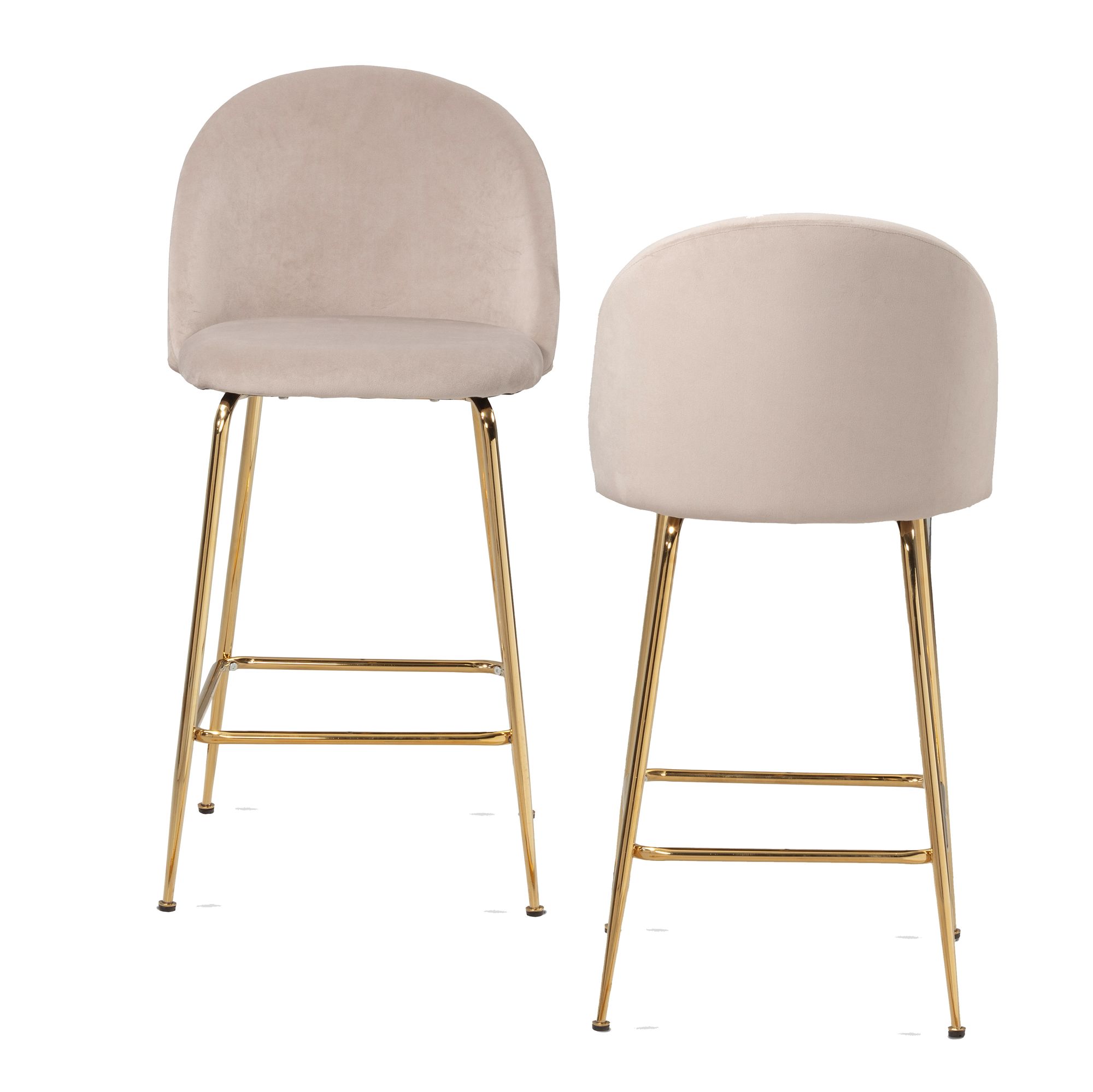 2er Set Barhocker Samt Beige | Goldene Metallbeine | 50x50x102 cm
