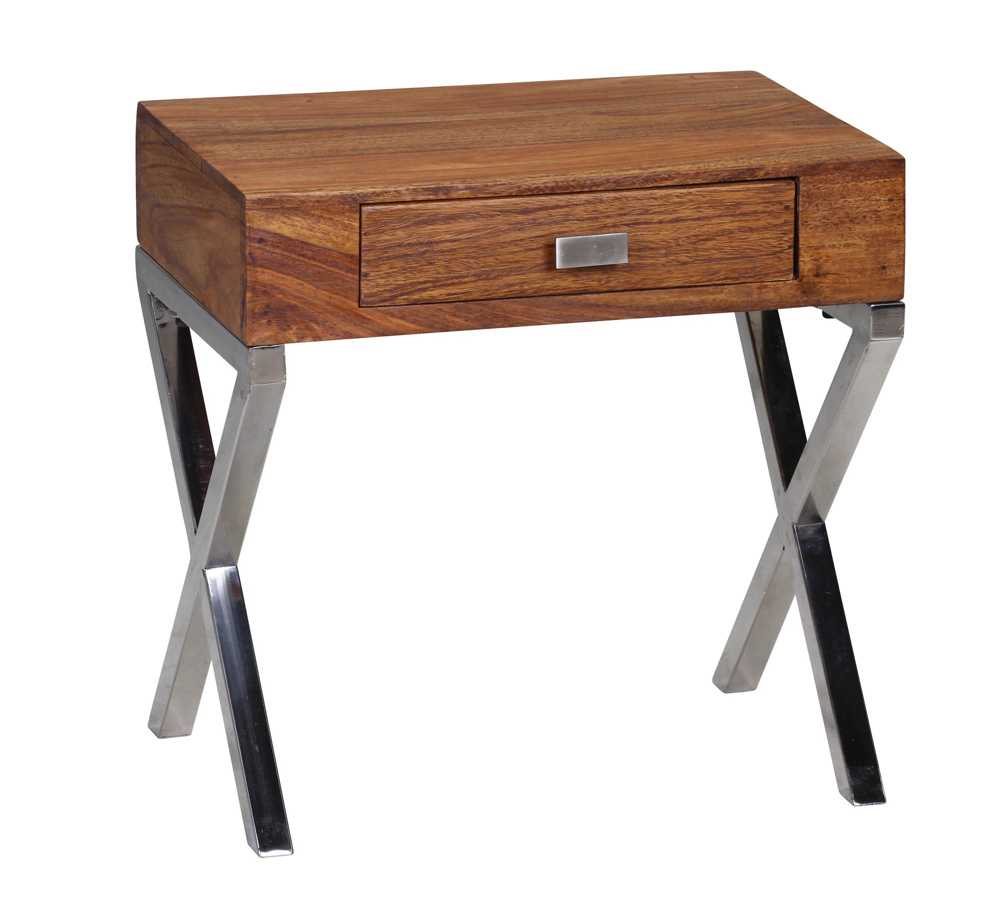 Massivholz Nachttisch Sheesham Dunkelbraun | 45 cm Breite | 1 Schublade, Chrom Metallbeine