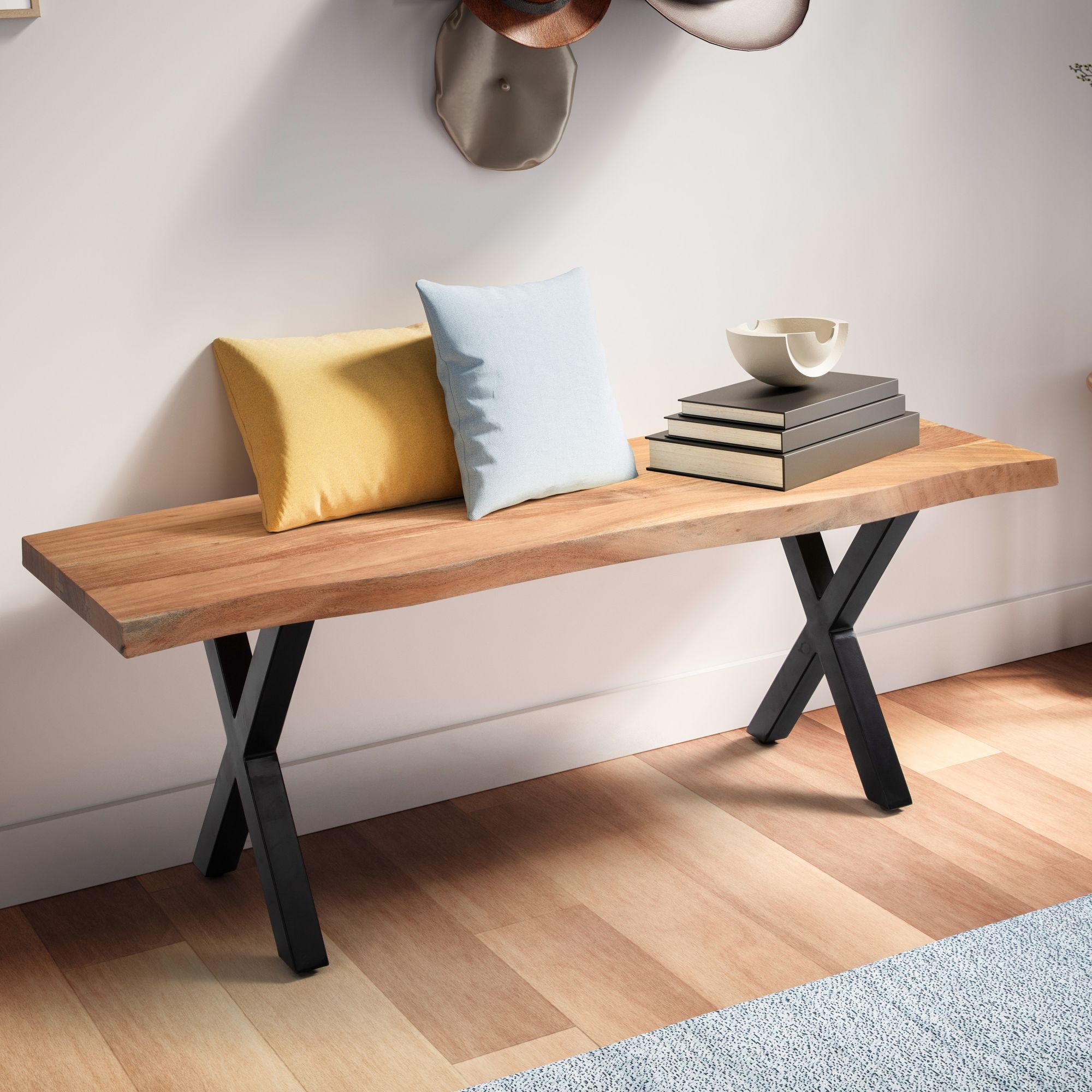 Garderobenbank Akazie Massivholz mit metallenen X-Beinen schwarz | Hellgold, 120x40x45,5 cm