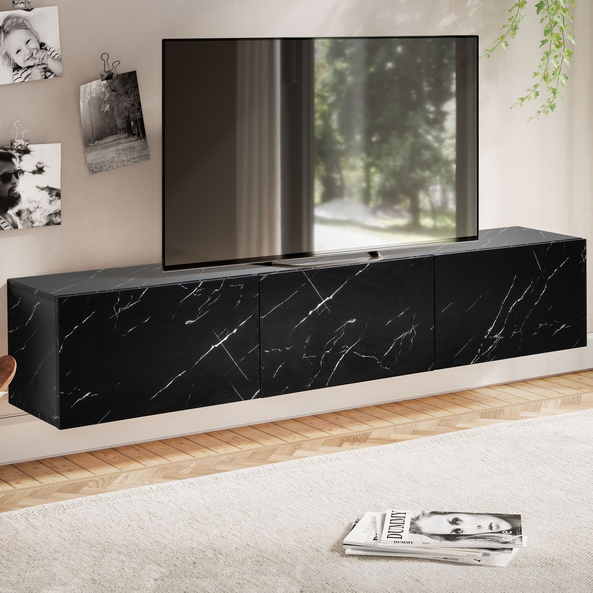 Hängendes Lowboard Marmor-Optik Schwarz | 160x30x30 cm | MDF mit Melaminbeschichtung